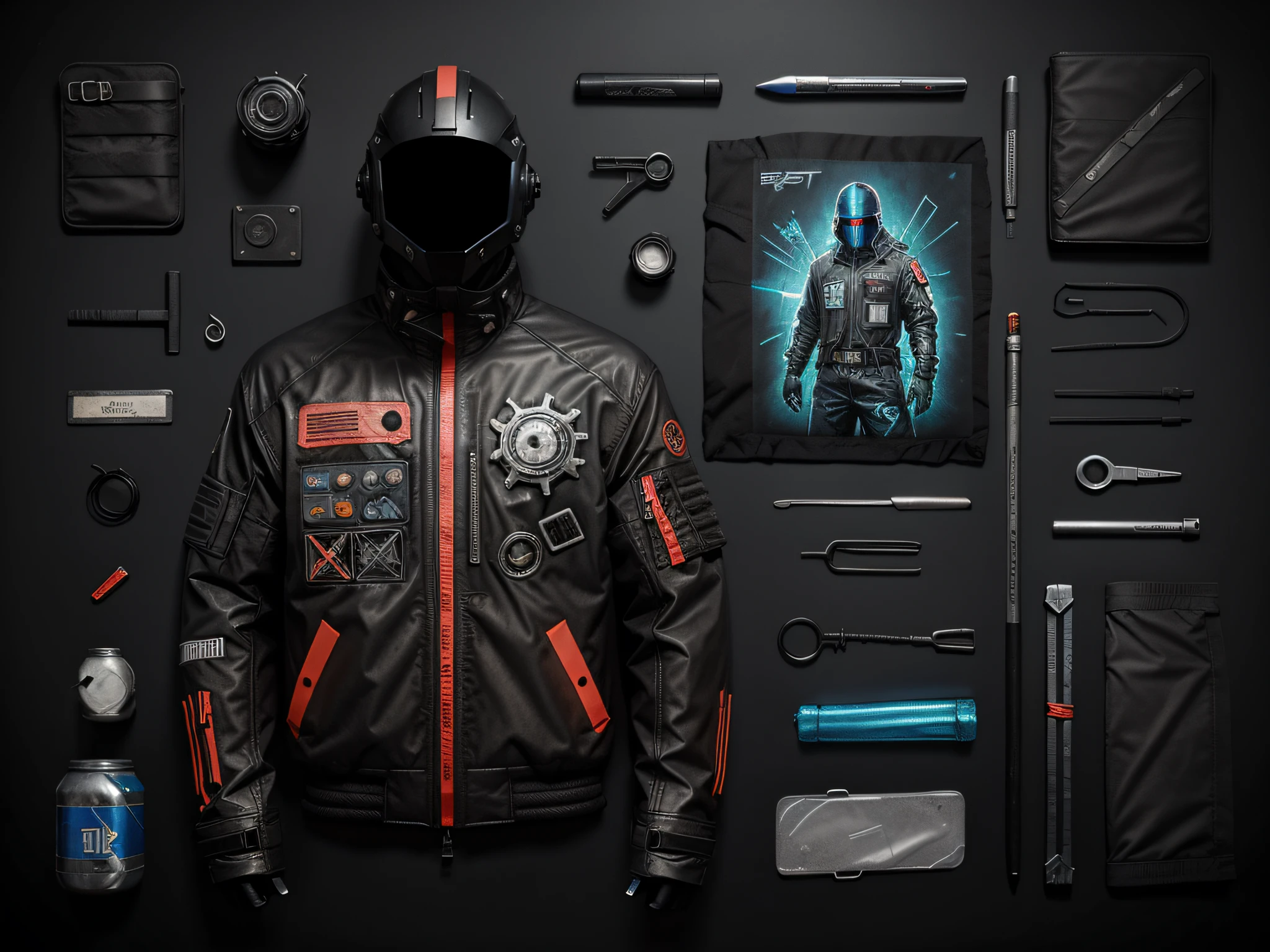 Game object cyberpunk jacket, bits of color, Sketch, hand drawn, dark, gritty, realistic sketch, Rough sketch, mix of bold dark lines and loose lines, bold lines, on paper, jacket sheet, jacket, Water in metal, slik, sci-fi, ghostly theme, (((items and gear listed on the side)))