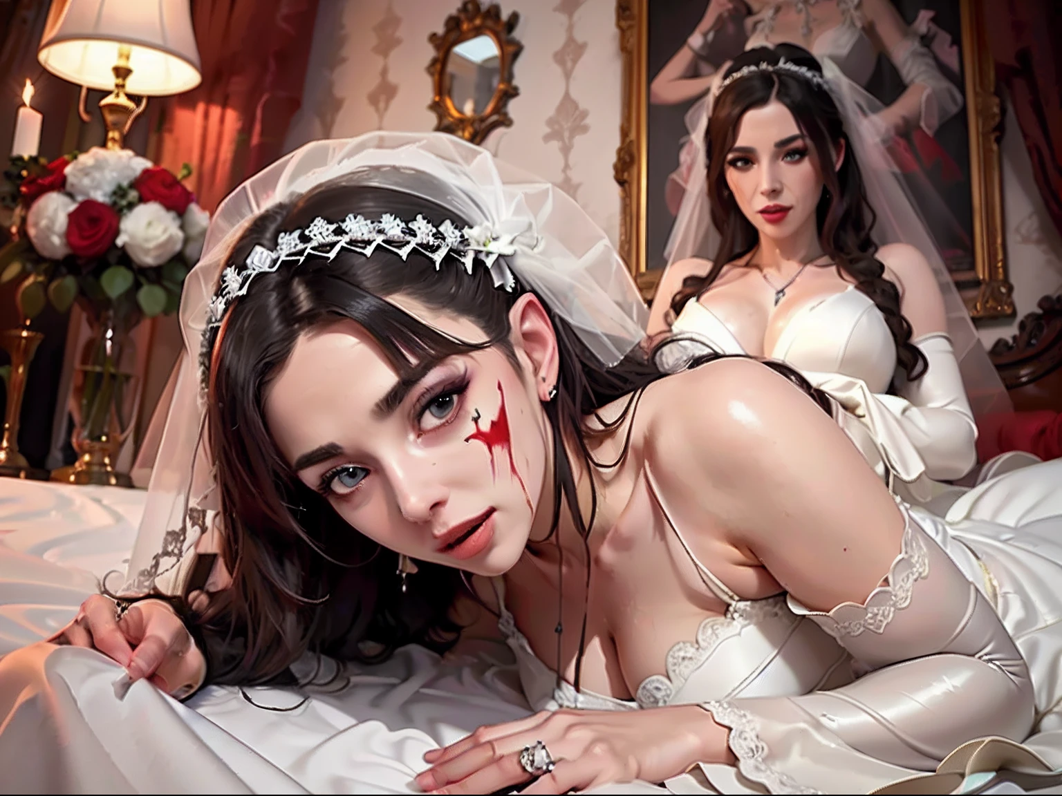 arafed, high details, best quality, 16k, [ultra detailed], masterpiece, best quality, (extremely detailed), dynamic angle, ultra wide shot, RAW, photorealistic, a wide angle picture of a vampire bride biting  her groom, a [female vampire] bride (best details, Masterpiece, best quality) vampire female in a white latex wedding gown with blood stains (best details, Masterpiece, best quality), ultra detailed face (best details, Masterpiece, best quality), ultra feminine, grey skin, red haired, long hair, wedding hair cut style, blue eyes, intense eyes, wearing white latex wedding dress bloody gown (best details, Masterpiece, best quality), wearing white high heels, in the honeymoon suite (best details, Masterpiece, best quality), biting the the groom, bloody face, BREAK a beautiful human man (best details, Masterpiece, best quality), ultra detailed face (best details, Masterpiece, best quality), wearing a wedding tuxedo (best details, Masterpiece, best quality), honeymoon suite background, Ultra-Wide Angle, high detail, award winning, best quality, HD, 16K, 3D rendering, high details, best quality, highres, ultra wide angle, 3D rendering, [[anatomically correct]]