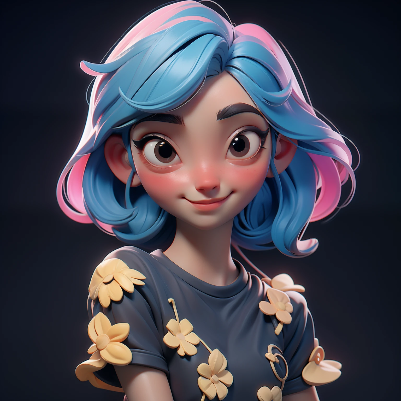 letter, 3D Face Pattern, Sweet and delicate girl, With short dyed hair,long lashes,Black T-Shirt,(Black Eyes) ,,, Rainbow hair,Gold Accessories,black makeup