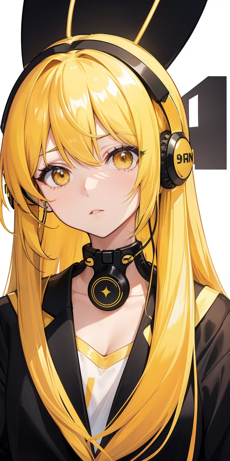 long bright yellow hair. earphone on her head