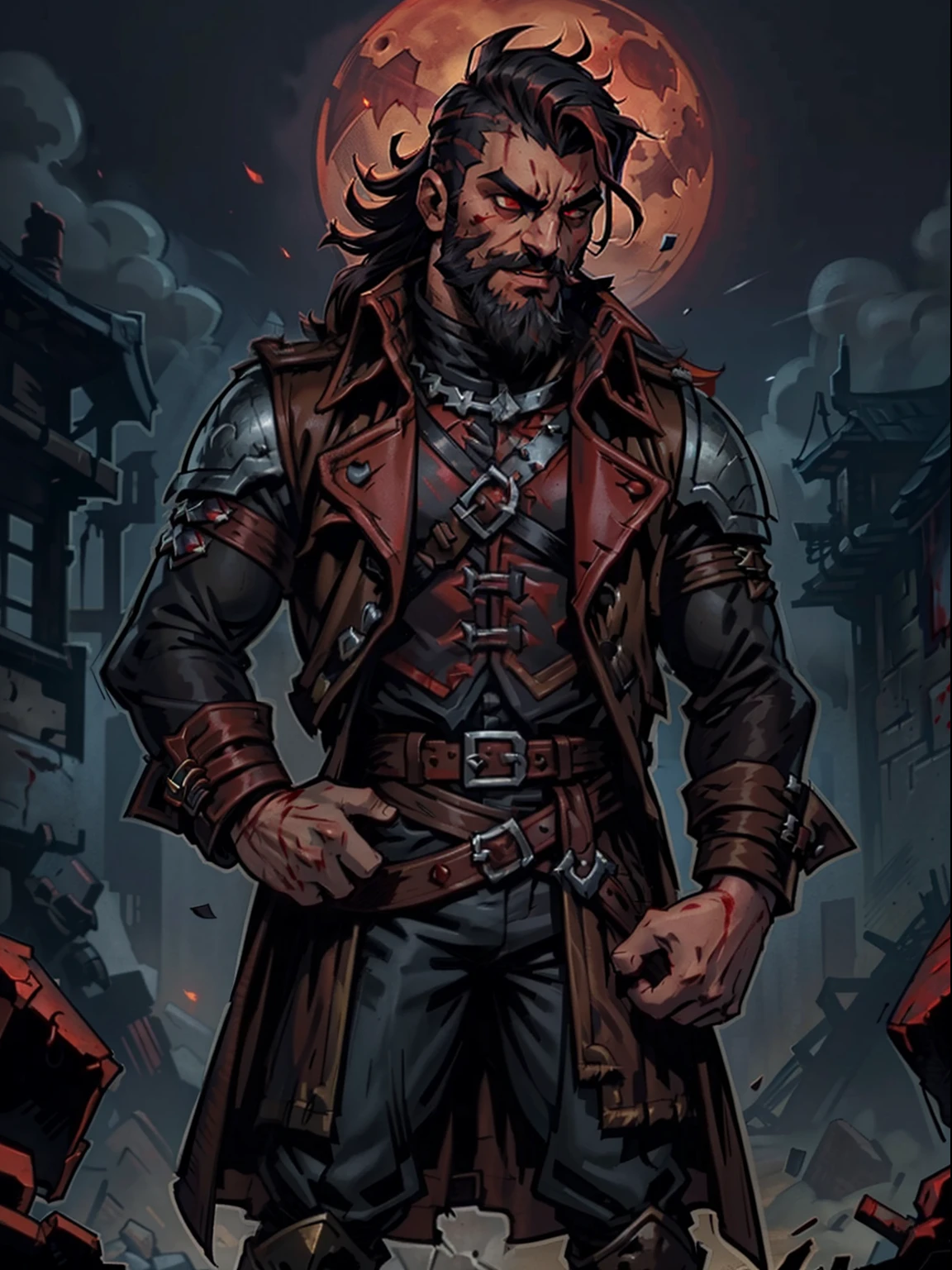 Blood moon background, Darkest Dungeon style, taking treasure. Sadurang from Marvel, hunk, buffed physics, short mane hair, ((mullet)), defined face, detailed eyes, short beard, glowing red eyes, dark hair, wily smile, badass, dangerous. Wearing ((trench coat with long sleeves)), armor vest, cargo pants