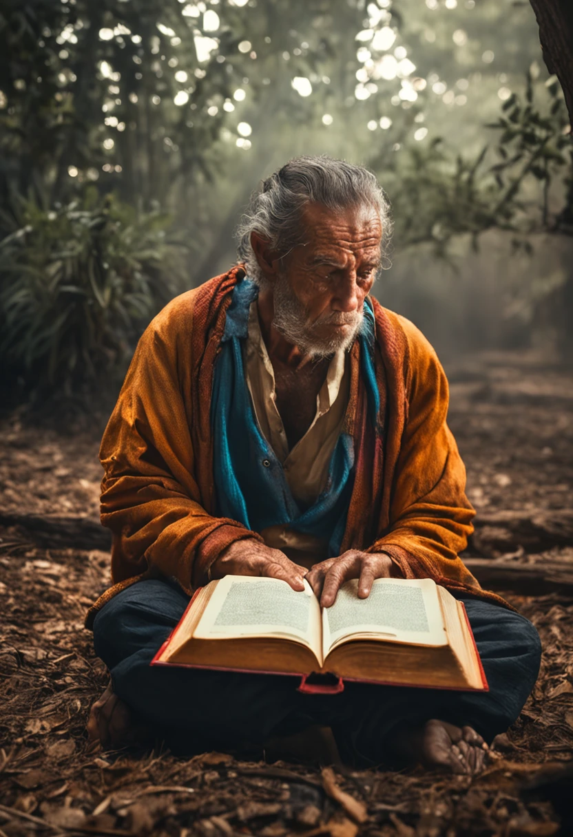 um homem sentado lendo um livro velho, Biblical Seine