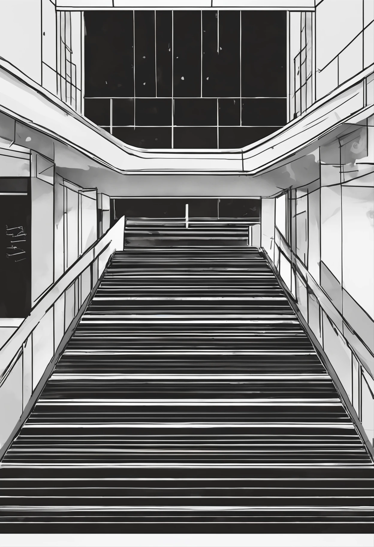 Graphic, Basement stairs,Level 4 minimalism, one line art, Continuous thin white line, Black background