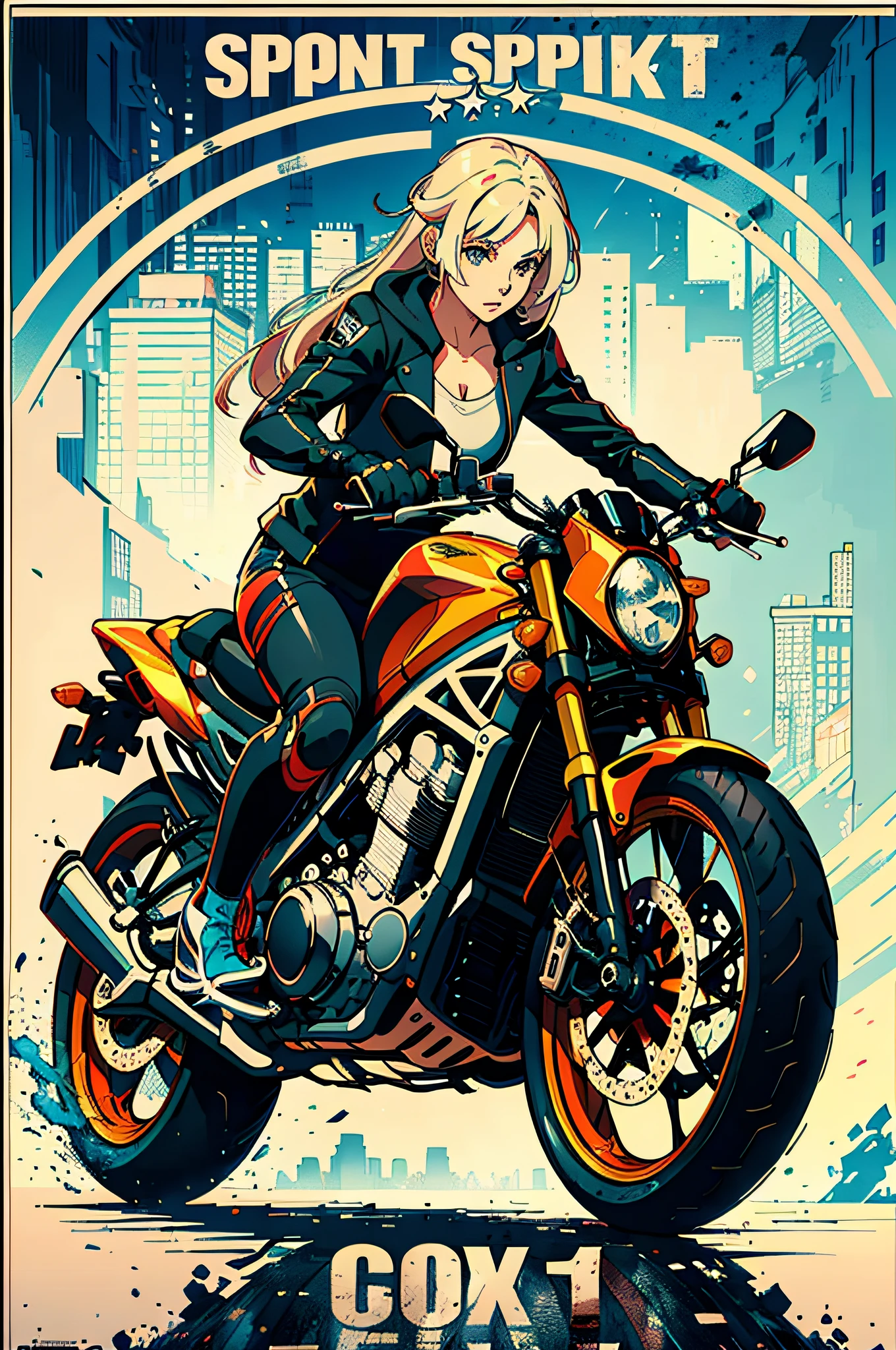 girl riding sportbike, movie poster,(by Artist Carrie Ann Baade:1.3)