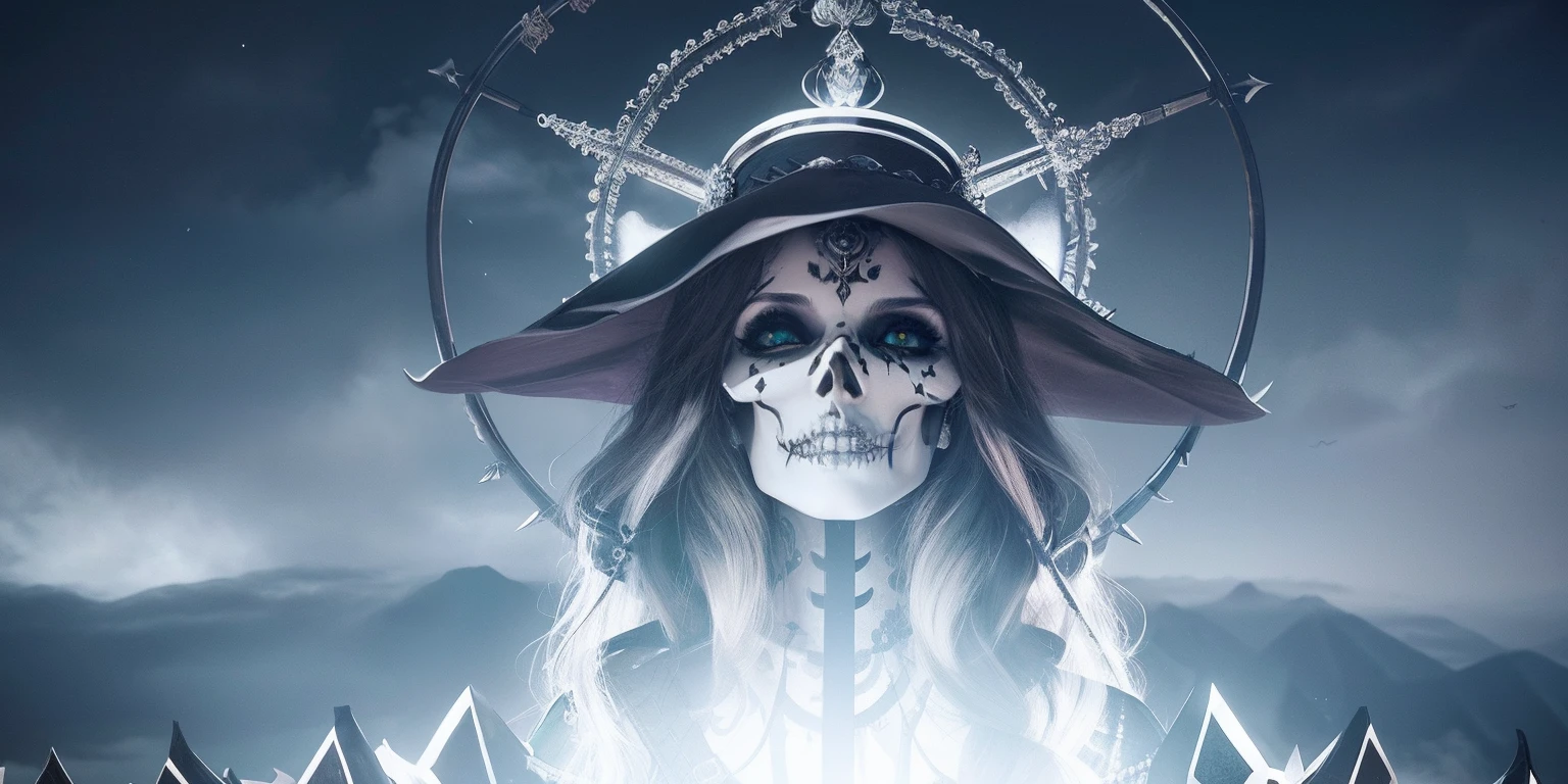 ((best quality)), ((masterpiece)), ((realistic)), A goddess who wears a long crimson robe facing away from the viewer. Behind her back she holds a skeleton arm in her hand. The setting is the high mountain desert, with the safe brush and a clear sky. The theme of the piece is death and rebirth, and the contrast between the divine and the mortal. (flowers and birds:1.3), around the goddess, the (skeleton arm has jewelry:1.2), a sun, a moon, and stars, the Mojave Desert, (beautiful female face:1.7), royal aura, trend on artstation , sharp focus, studio photo, intricate detail, very detailed, detailed eye, illustration, very detailed, sharp focus, digital render, professional, 4k