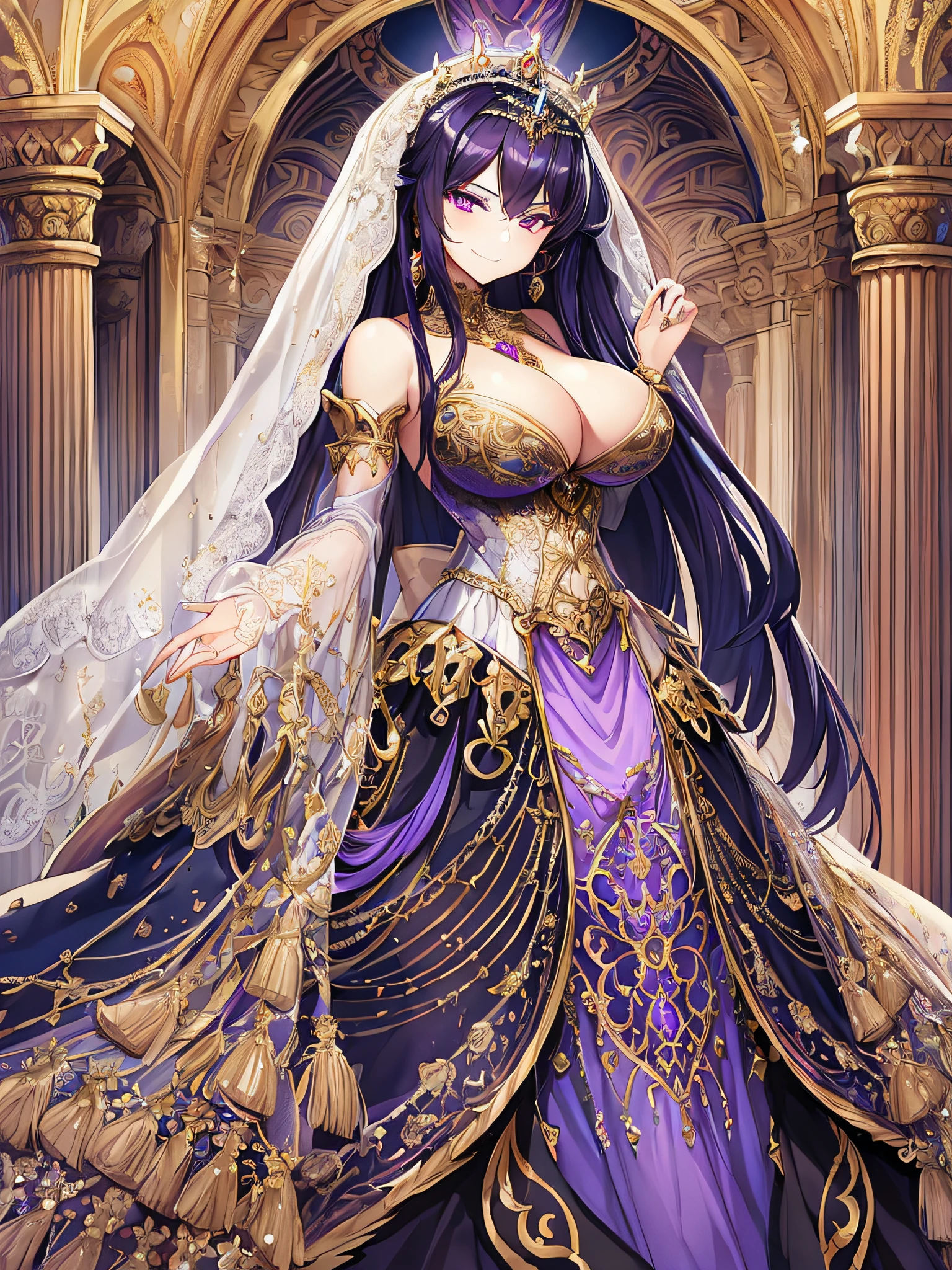 ((anime artstyle)),Masterpiece,Best Quality,Super Detail,Very Delicate and Beautiful,Solo,((full body)),((1 arrogant royal queen wearing beautiful embroidery and jeweled gorgeous stately white wedding dress with voluminous full length hoop skirt)),crinoline,(gigantic tits,Long tits,skindentation),jewel-like eyes,(arrogant,haughty),((arrogant smile)),Sharp eyes,Purple eyes,(Bangs between eyes,voluminous straight hair,extremely Long straight Hair),black hair,gorgeous embroidery and lace,enormous puffed sleeves,luxury hair ornament,extremely gorgeousfull jeweled tiara,long train,bling-bling gorgeous gemstone jewelry,long wedding veil,((beautiful embroidery and jeweled gorgeous stately white wedding dress with voluminous full length hoop skirt))