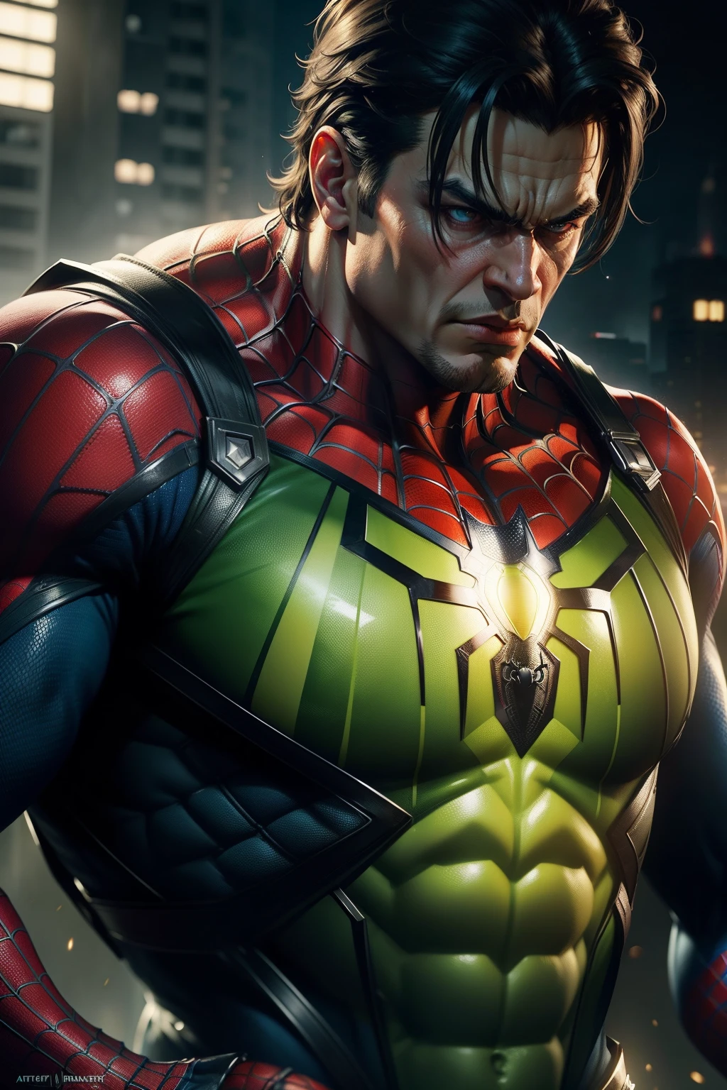 Spider-Man and incredible Hulk realistic images, greenish lighting, Glowing, Ultra photo realsisim, trending on artstationh, High quality wallpaper, Highly detailed, Beautiful, Award-winning, fantasy, Colorful, Epic, Legendary, Futuristic, Legendary, Powerful, illusory engine