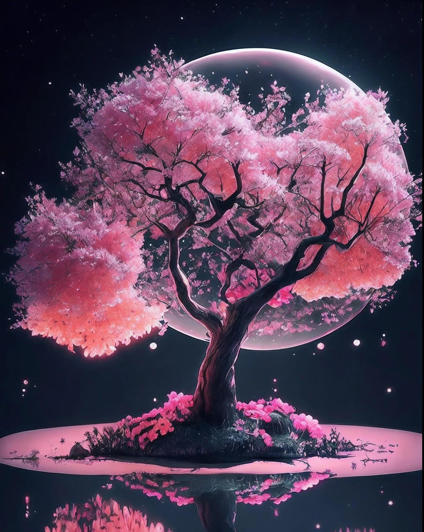 A tree with pink flowers is reflected in the water, fantasy tree, pink bonsai tree, Cerejeira em flor, magic tree, estilo zen rosa, cherry-blossom-tree, 8k arte detalhada de alta qualidade, bela arte digital, Beeple e James Jean, Arte digital altamente detalhada em 4k, arte digital estilizada, arte do bipe, arte digital muito bonita