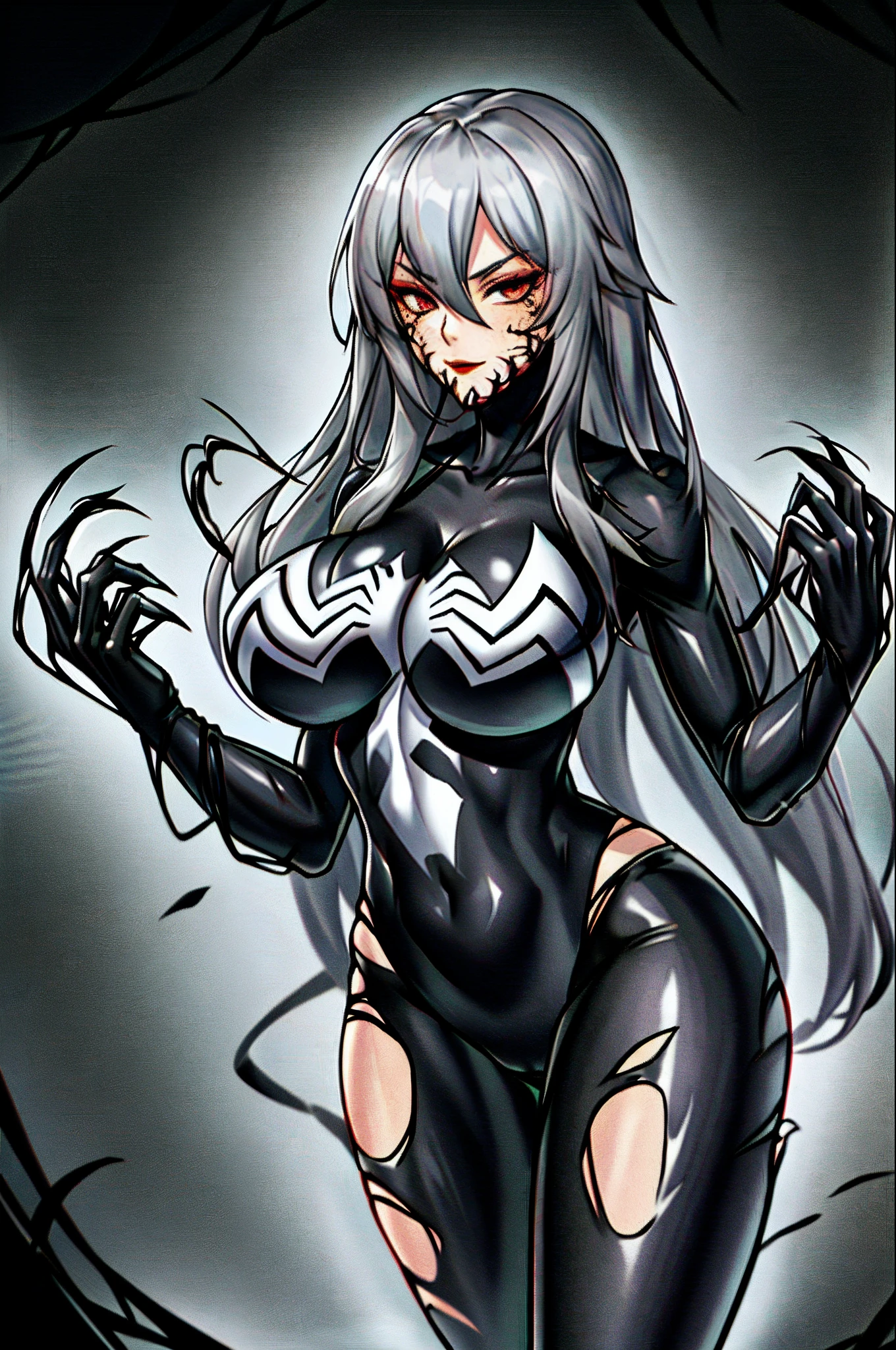 Masterpiece, Best quality, A high resolution, SH1, Gray hair and long hair,mitts, Dark black bodysuit,White spider symbol on chest, Makeup, standing, Cowboy shot, (Torn clothes:1.2),