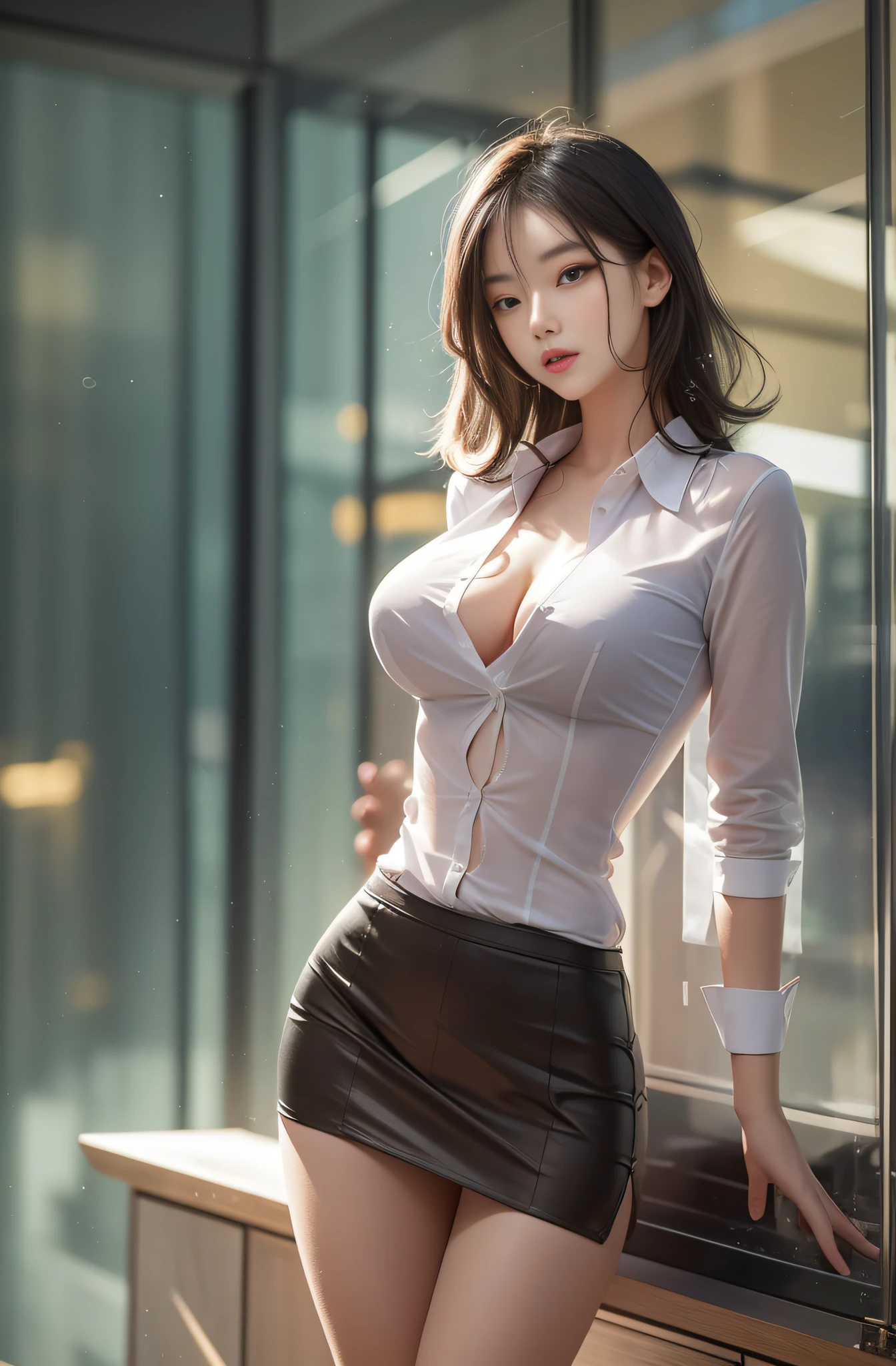 there is a woman in a skirt posing in front of a window, very sexy outfit, gorgeous chinese model, sexy outfit, wearing in shirt, wearing tight shirt, gorgeous young korean woman, tight shirt, by Jason Chan, trending at cgstation, clothed in white shirt, japanese goddess, stunning elegant pose, elegant posed,tight attire, no bra, seeable tits, meduim hair