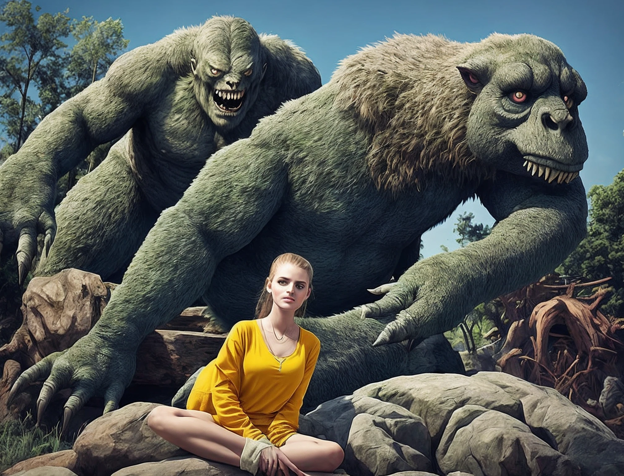 The beauty sits on the lap of the monster