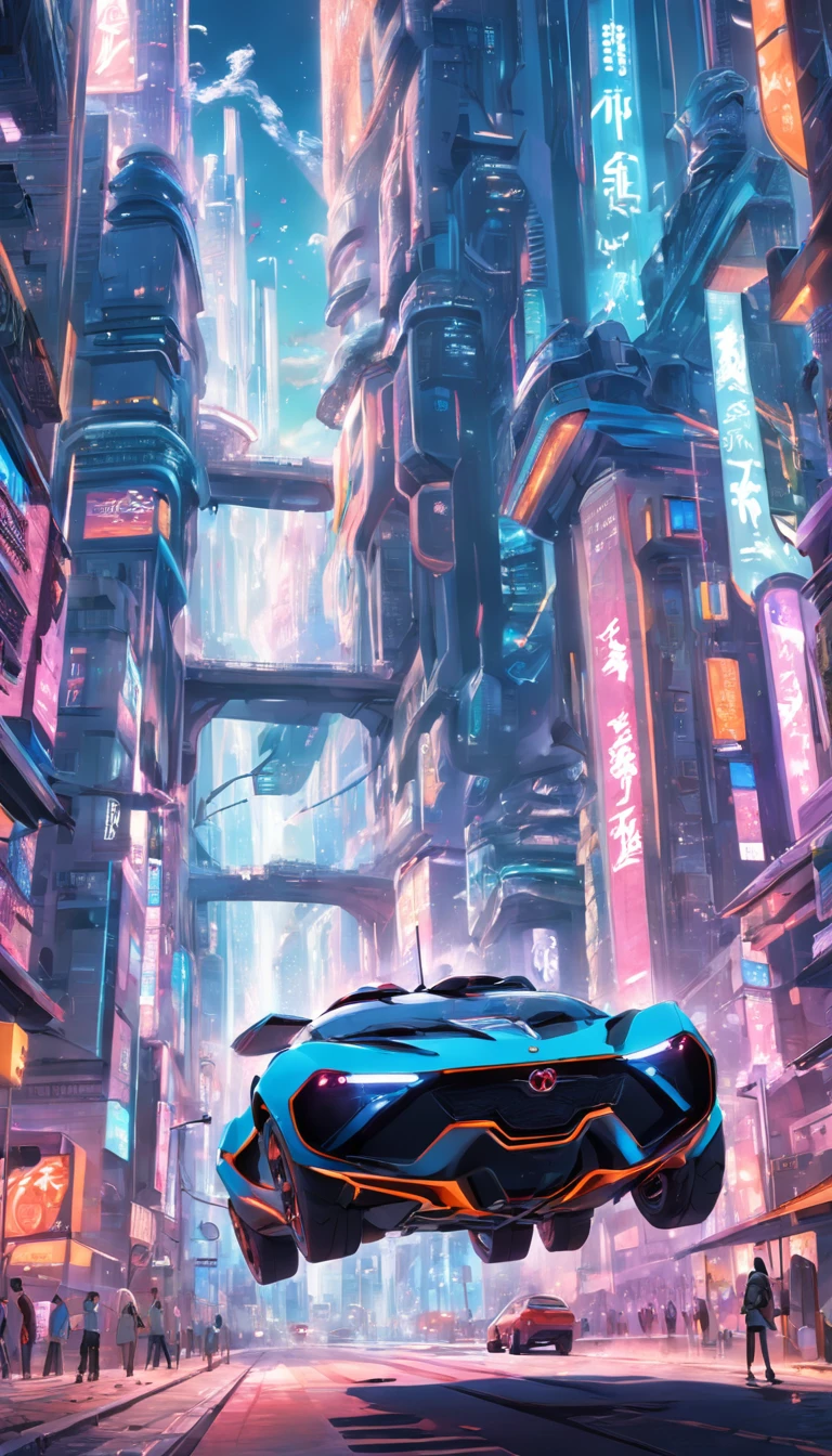 Um carro voando em uma cidade futurista