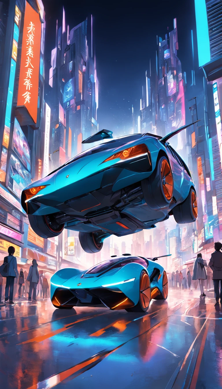 Um carro voando em uma cidade futurista
