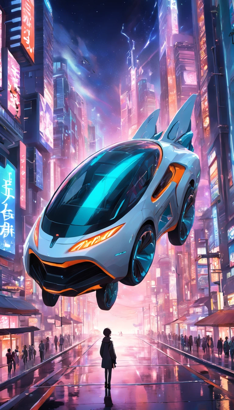 Um carro voando em uma cidade futurista