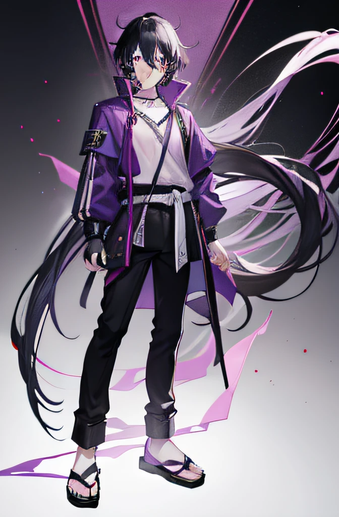 1boy, anime guy with long black hair with purple highlights, purple eyes, wearing a short-sleeved violet shirt, black trousers, a short open purple jacket with black sleeves, brown sandal boots with white socks, a metal pendant around his neck, black fingerless gloves, red cloth tied around his waist, bandages covering the lower half of his face