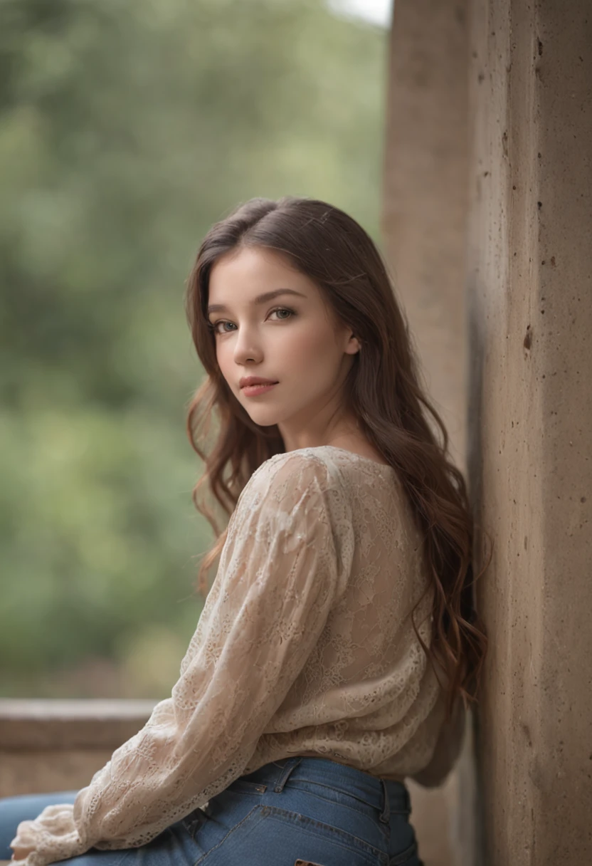 Teen girl, Tight jeans, sitting, high school, sitting on stool, From_behind,