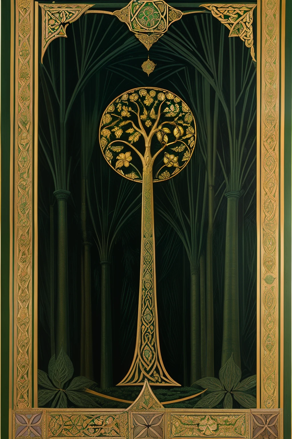 (((Pre-Raphaelite painting, Gustave Doré style, Celtic pattern, trees and leaves, outono, dourado, tons outonais e dourados, Pre-Raphaelite painting, symmetric, Celta, Celtic mystic, Celtic tree of life, folhas, damask pattern, Dourada, Gustave Doré, symmetric, Pre-Raphaelite painting, ouro, geometric, verde e ouro, brazi, folhas, outono)))