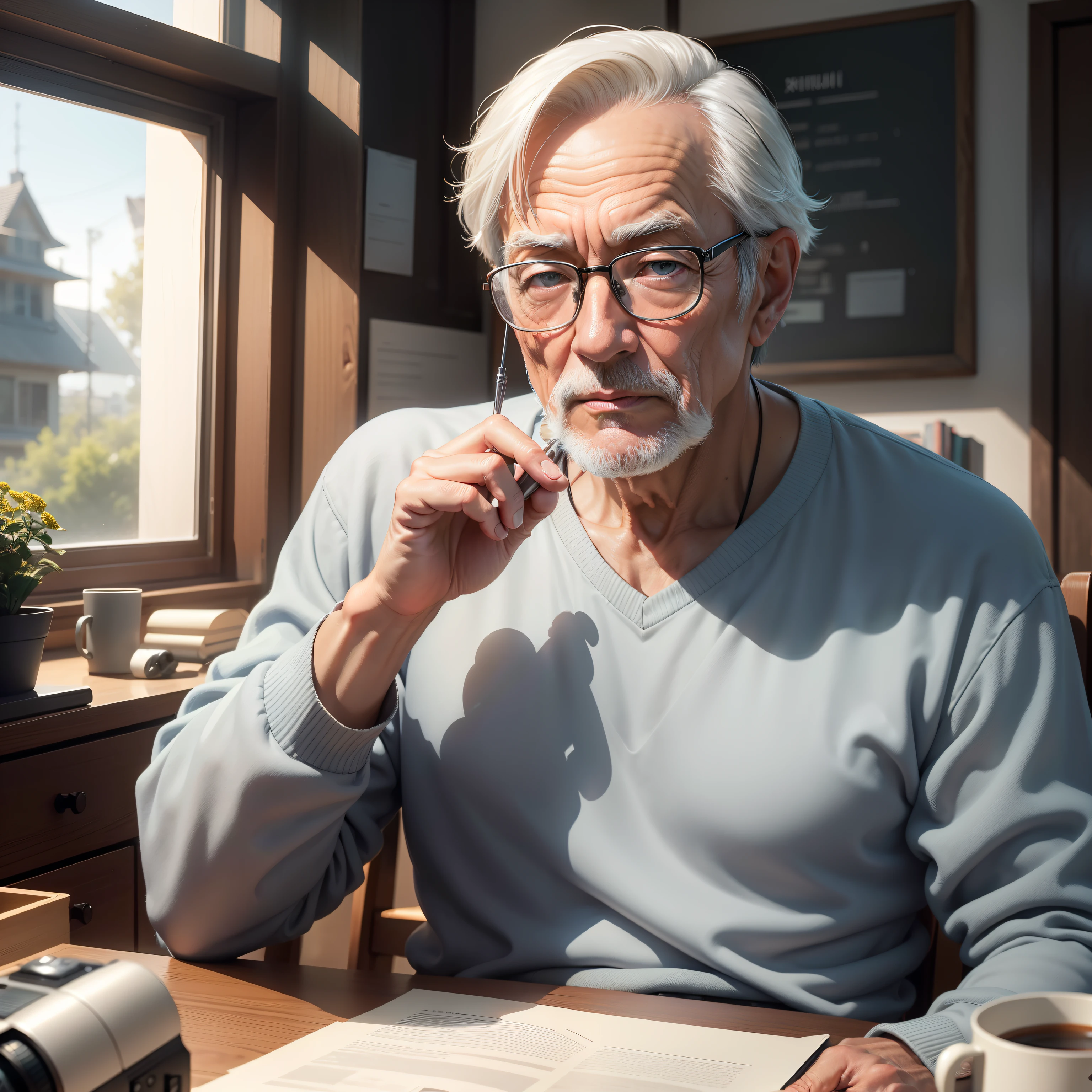 1人,Um homem de 60 anos,Dressed in casual attire,wears glasses,The upper part of the body,Sit at your desk,gentlesoftlighting,tmasterpiece,best qualtiy,8K UHD,digital SLR camera,filmgrain,Midjourney and greg rutkowski's Fujifilm XT3 realistic painting art