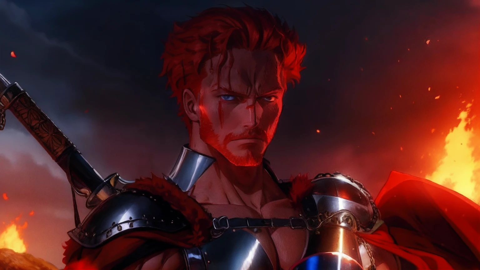 A serious medieval red-haired man with a scar, pulled hair. He wears an armored glove, cloak, and chain mail.