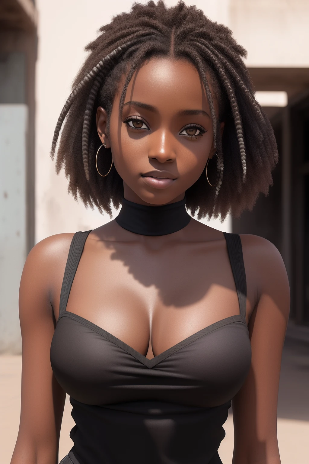 there is a woman with a very large breast posing for a picture, photorealistic real girl rendering, cidade bonita mulher preto, foto retrato suave 8 k, negra, jovem mulher negra, pele escura, 8k portrait render, mulher jovem negra, adolescente negra, Meninaana de pele escura, retrato ultra detalhado, corpo inteiro e rosto bonitos e detalhados, cabelos soltos com coroa dourada, por do sol ao fundo, In the middle of the post-apocalypse city.