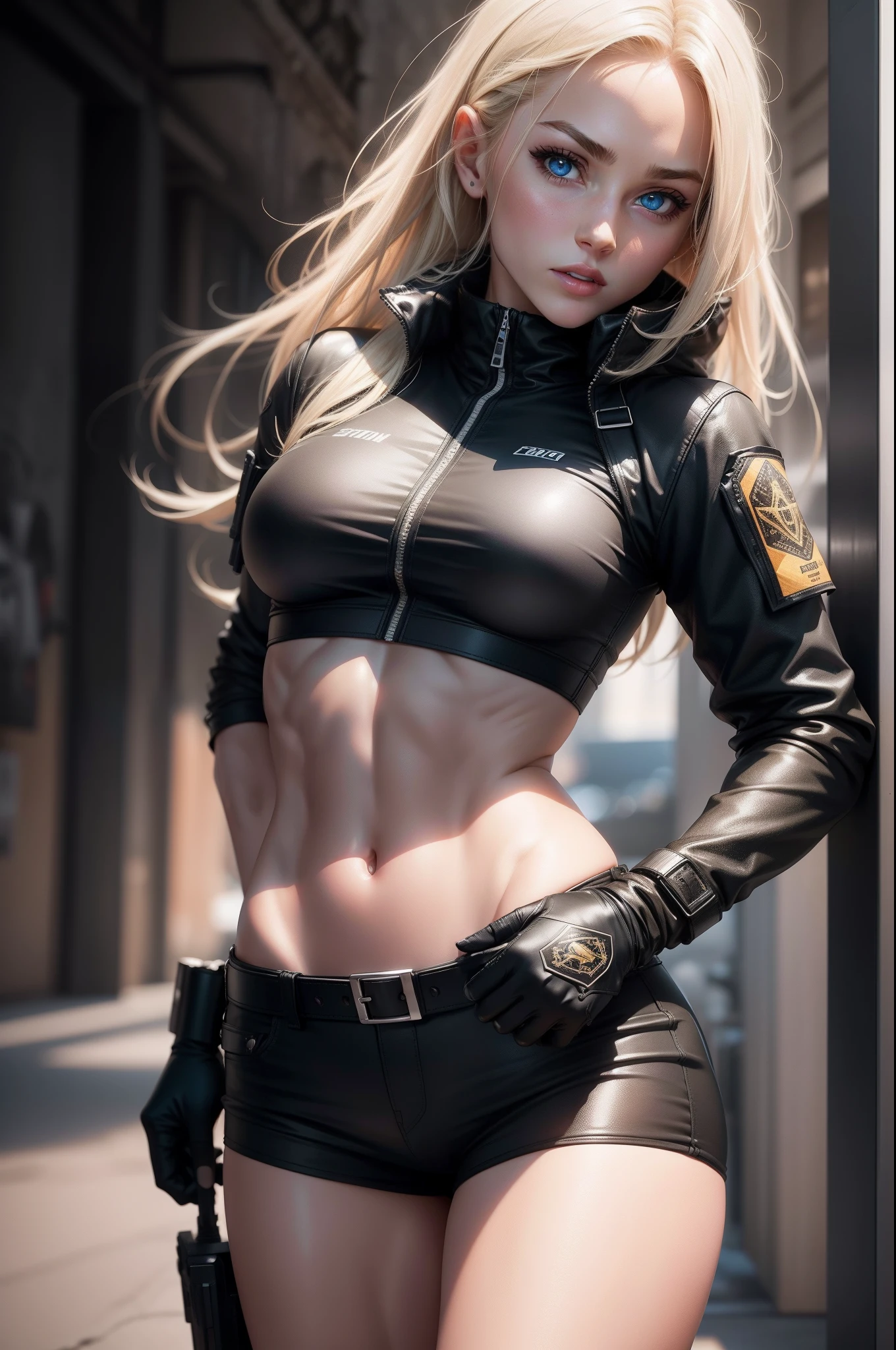 (8K,Photorealsitic Raw photography top-quality;1.4) 1girl in) Super beauty (Lifelike face) Blonde belly short Black special forces equipment Entice your audience Beautiful expression Blue eyes (real looking skin) (Female thief) enticing 超A high resolution A hyper-realistic high detal Slender muscular macho body Muscle Slender Lower Body White clothes and shorts Black flight jacket