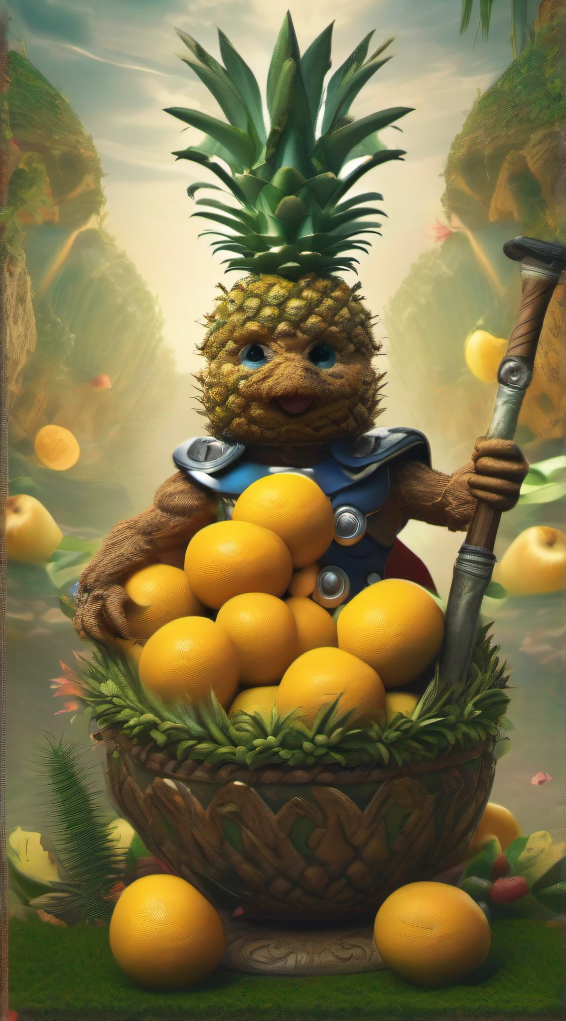 realistic cute adorable pineapple dressed as a Thor in a fruit bowl"!! breathtaking borderland fantasycore artwork by Jean Baptiste monge, Alberto Seveso, James Jean, Jeremy Mann, maximalist highly detailed and intricate professional photography, masterpiece, 8k resolution concept art trending_on_Artstation, triadic_colors, Unreal_Engine_5 cg society octane photograph, fun background"