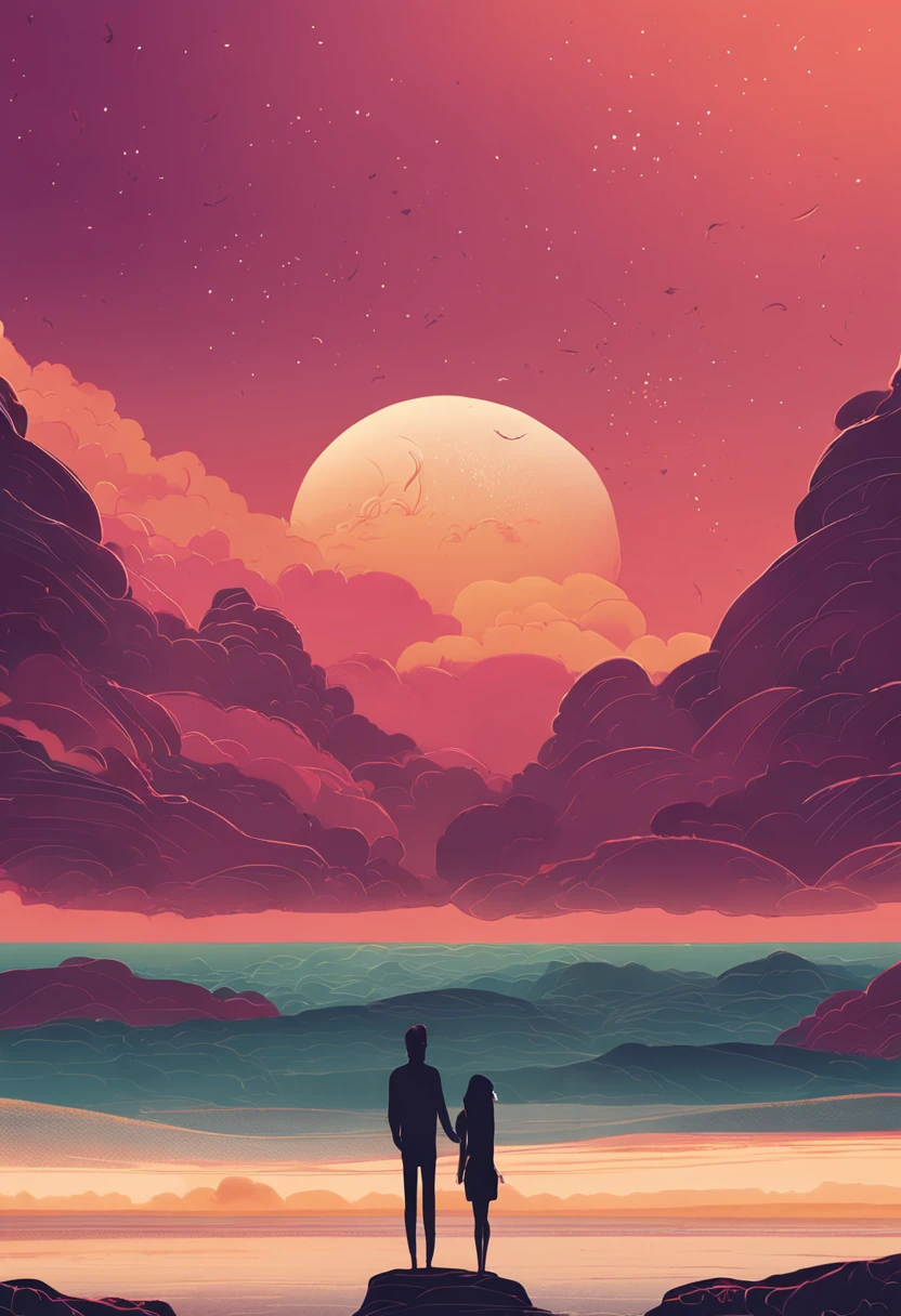 cover of book, a quiet sky and clouds, the sea, a man and a girl in meditation