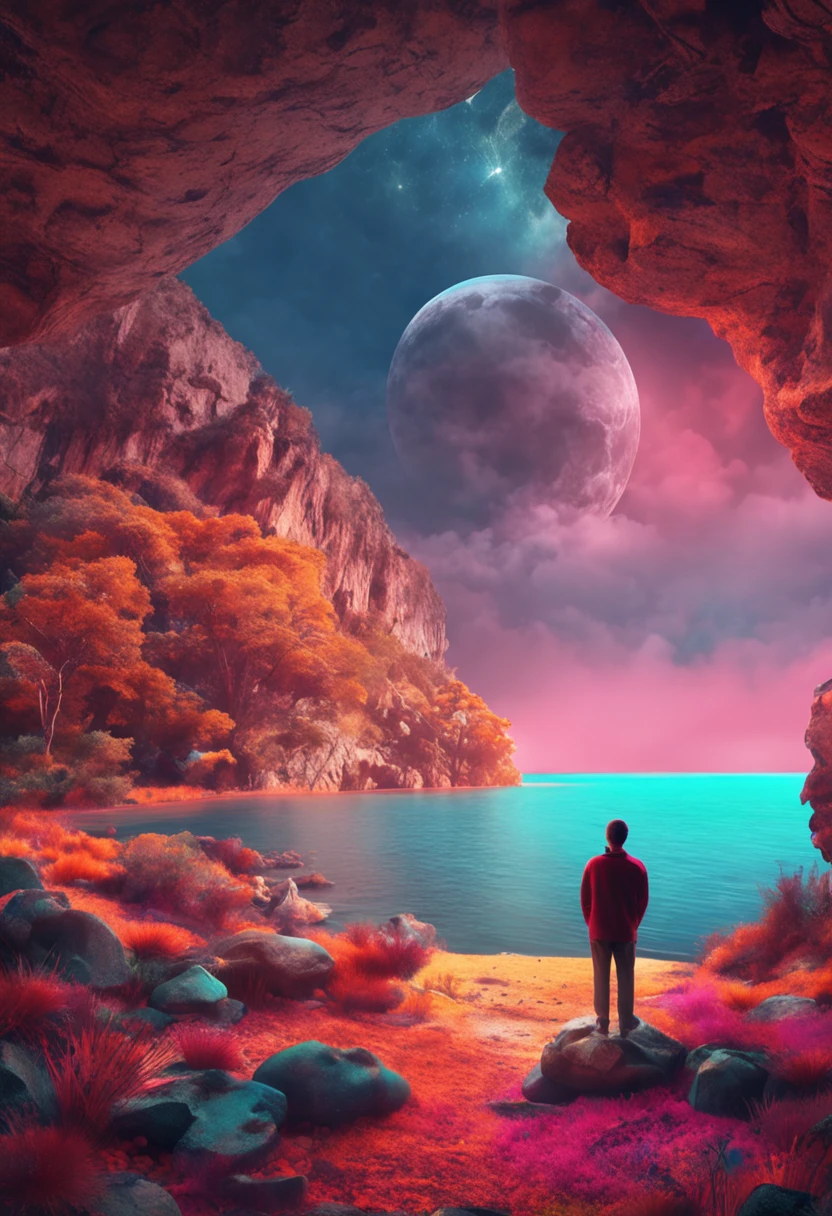 cover of book, a quiet sky and clouds, the sea, a man and a girl in meditation