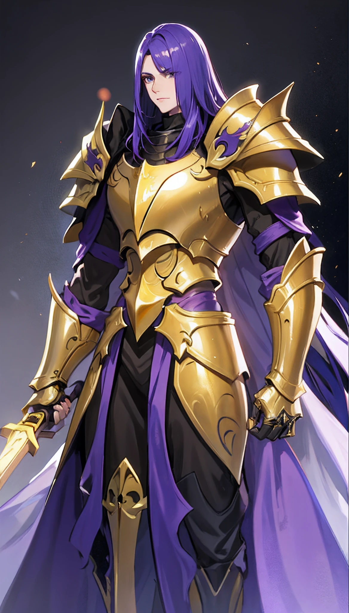 in full height, A man in a purple robe and gold armor, Holding the Sword, Purple armor, Smooth purple armor, male paladin, male paladin, in dark purple armor, Epic Paladin Armor, Paladin's Golden Armor, keqing from genshin impact, Golden Paladin, Paladin Armor, gold obsidian armor, grimdark paladin, Sleek gold armor