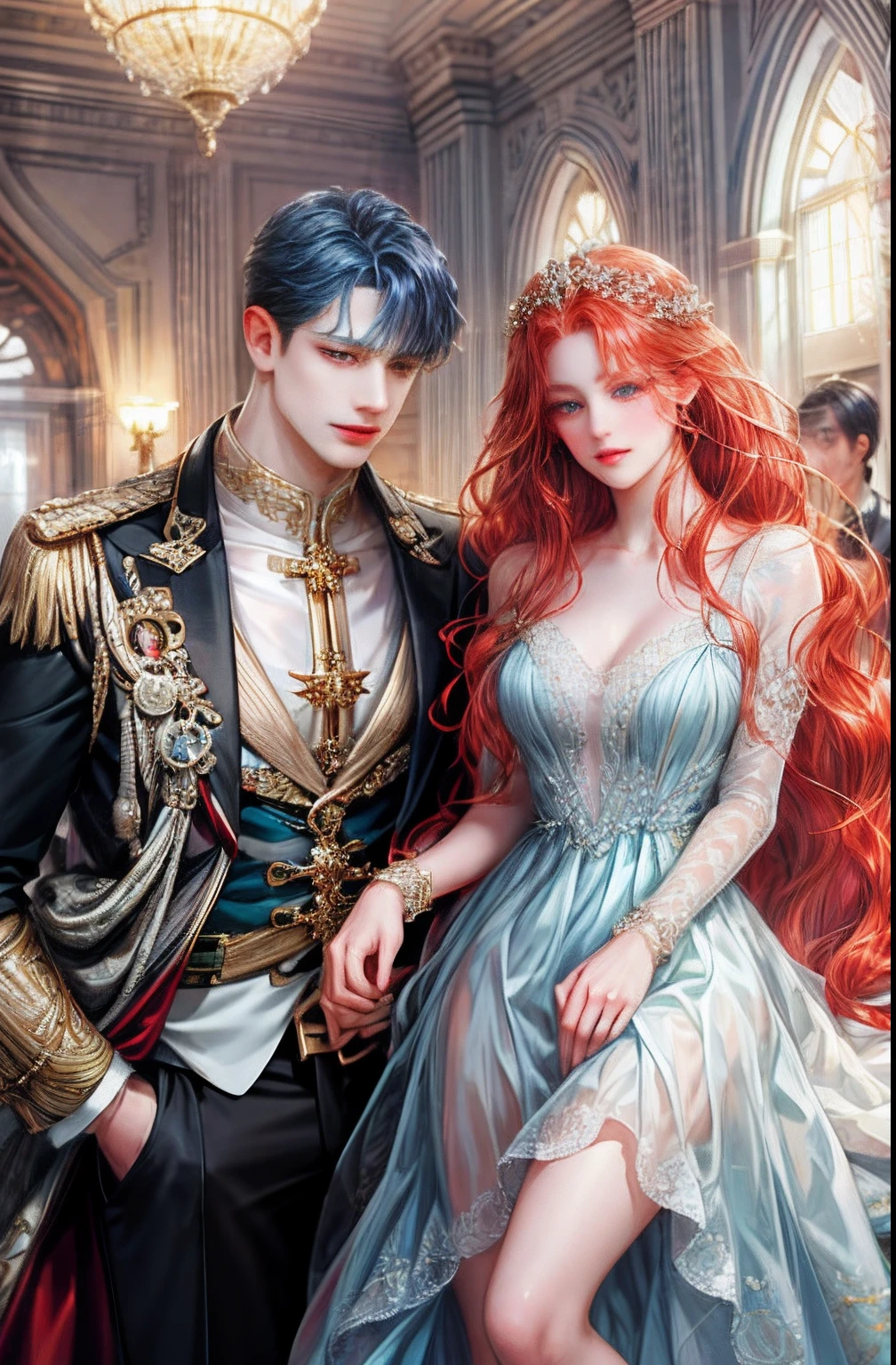 ( High quality , ultra detailed, careful with hand )Zodiac - Pisces goddess , similar to latin goodness . Sensible, placid, easygoing warm-hearted face . Dreamy, obsessive, restless, lack of self-confidence. style . Dark purple eyes (eyes detail) , light blue hair , long wavy hair, transparent dress , in the ballroom with partner . Height difference . Partner has red hair , whole body , light make up look .