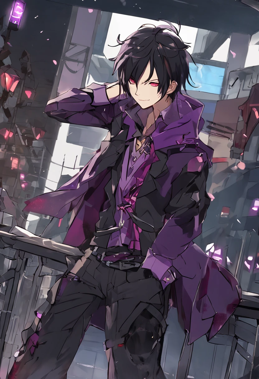 1boy, anime male with long black hair with purple highlights, purple eyes, wearing a short-sleeved violet shirt, black trousers, a short open purple jacket with black sleeves, brown sandal boots with white socks, a metal pendant around his neck, black fingerless gloves, red cloth tied around his waist,