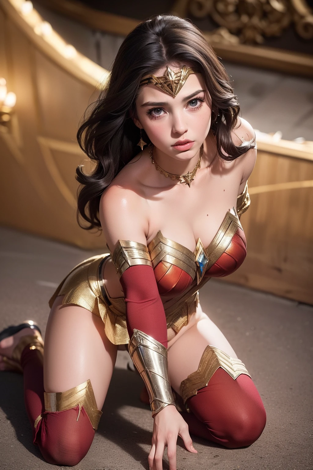 (masterpiece, best quality, photorealistic, cinematic, ultra-detailed, 8k), ((wide shot, full body)), 1 girl, (Gal Gadot as Wonder Woman), (wears a bodice, a snug, durable red piece with gold accents, the gold forms a "W" on her chest, representing her title, her navel is shown), (her skirt is blue, reaching mid-thigh, made for movement, it has gold trim and layers, showing elegance while allowing her to fight freely), (wears gold bracelets that deflect attacks, her gauntlets, also gold, protect her forearms, both are tough and match her warrior look), (golden sandals with ankle and calf straps, they're comfy, shock-absorbing, and have engraved Amazonian patterns, combining style with practicality), (her gold tiara, adorned with a star-shaped emblem, rests above her eyes, it signifies hope and her royal status, showcasing her strength and guidance), in fighting stance, ((chaotic battlefield in the city))