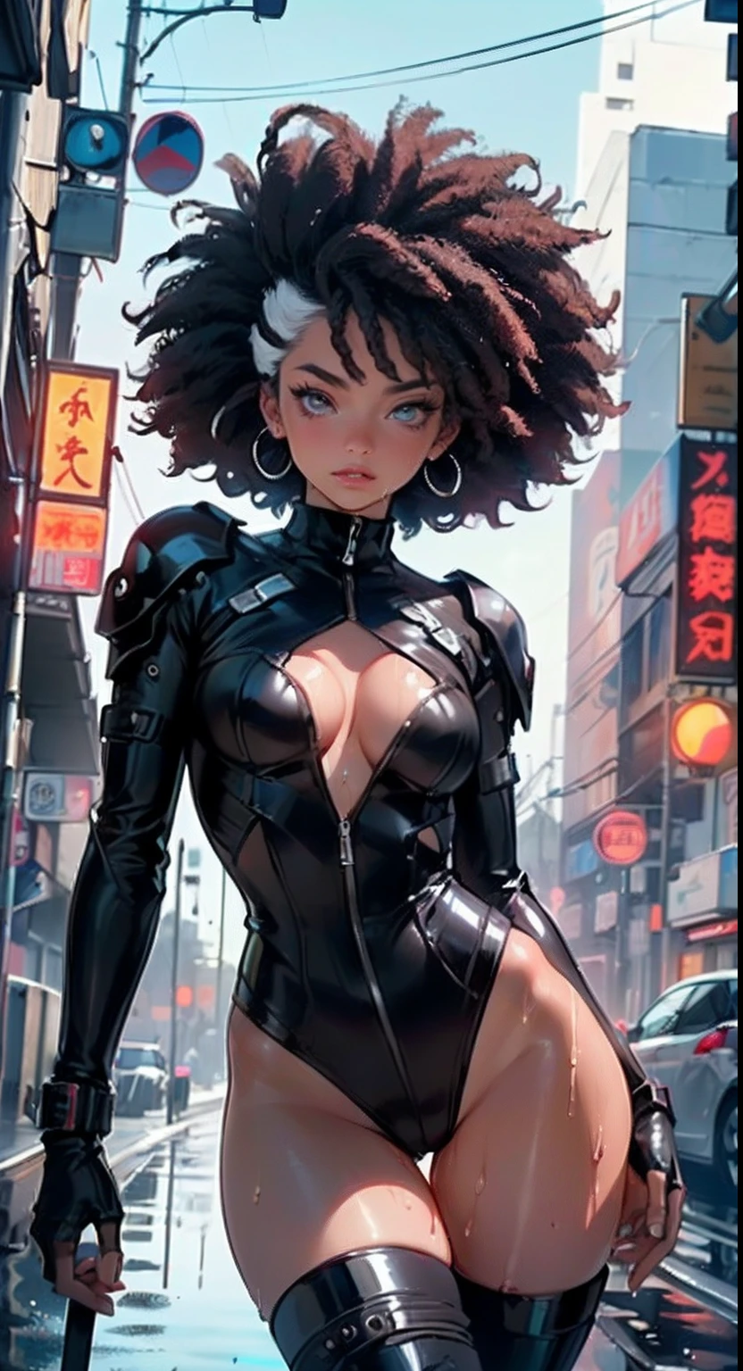 girl spacepunk,(((1girl))),((cute and beautiful afro haired girl)),((((black race)))),
(large breasts:1.4),saggy breasts,((((black afro hair:1.35,((afro hair:1.35)),afrohair,afro:1.35,dark hair,black hair,)))),medium hair,((heterochromia:1.5,eye1 orange,eye2 red,perfect eyes,upturned eyes:1.3,beautiful detailed eyes,finely detailed beautiful eyes:1,big highlight on eyes:1.2)),((fat)),((((tan,dark skin,black skin:1.35,dark-skinned_female,dark skin:1.3,ebony skin,lustrous skin:1.5,bright skin: 1.5,shiny skin,very shiny skin,shiny body,illuminated skin,wet legs)))),(spider lower abdomen,narrow waist,wide hip,athletic body,inflated legs,delicate detailed fingers),((hand consists of a short thumb and four fingers,hand with just five fingers,(detailed face))),
cute,slutty,sensual,seductive look,seductive,erotic,enchanting,(nsfw),
zettai ryouiki,revealing clothing,show skin,(wearing a mechanical space body armor:1.3,micro bikini,bare legs,an armored arm),((wet clothes, detailed outfit,detailed clothes)),
(dynamic pose:1.0),solo focus,embarrassed,(centered,scale to fit dimensions,Rule of thirds),
cyberpunk city by the ocean at night, with bright neon signs and dark stormy clouds and puddles High resolution, sharp focus, (ultra detailed, extremely detailed), (photorealistic artwork:1.37), 8k wallpaper,((synthwave background theme)),vibrant colors,(intricate),