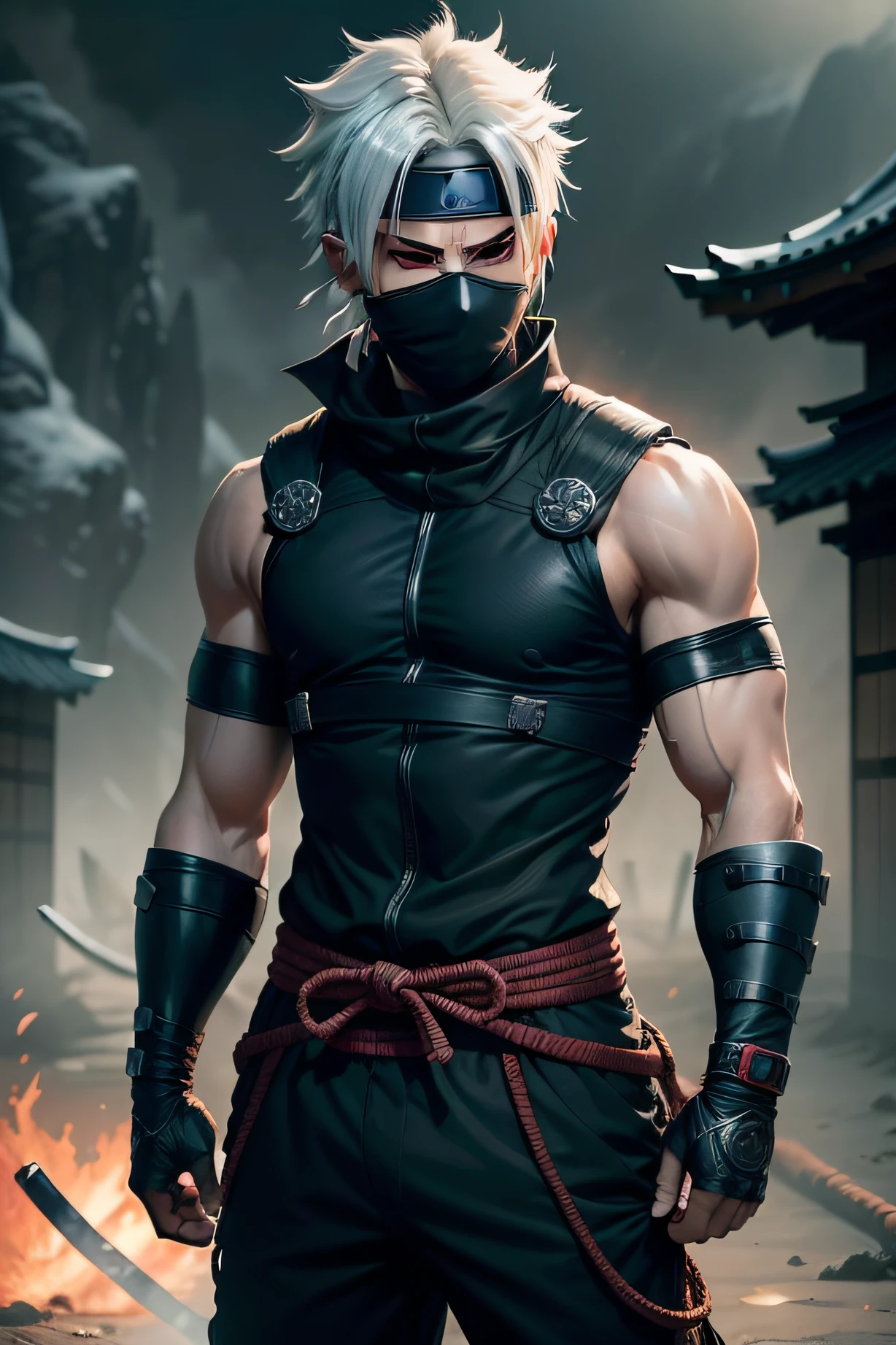 Kakashi fighting pose, details modern clothing, HDR, UHD, 64K, highly detailed, professional photography , sketch style, ink scratches, sharp lines, trending on artstation, realistic engine, vivid colors , high resolution scanning, The camera details everything, Moonlight highlights your muscles and scars. The scenery is lush and mysterious, with a dark city and surroundings. The camera details everything.