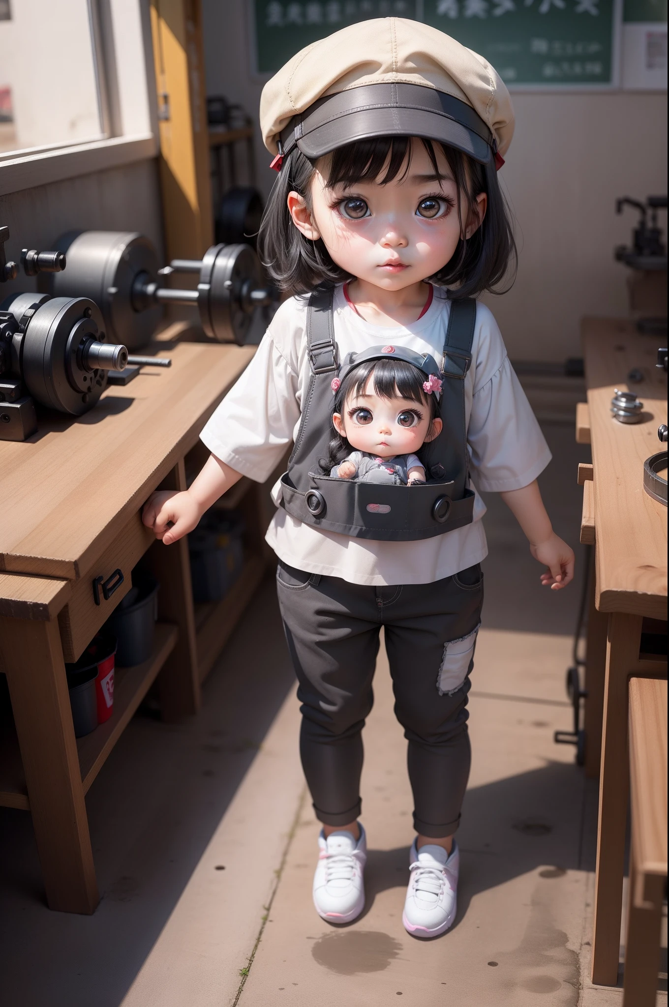 A 3--old ghtly chubby girl in China， Wear a cap，Gray tooling，Gray trousers，Lathe operation，Workshops, Workshops，assembly line，Black hair， adolable， with brown eye，by Pixar, tchibi，frontage，Full body portrait