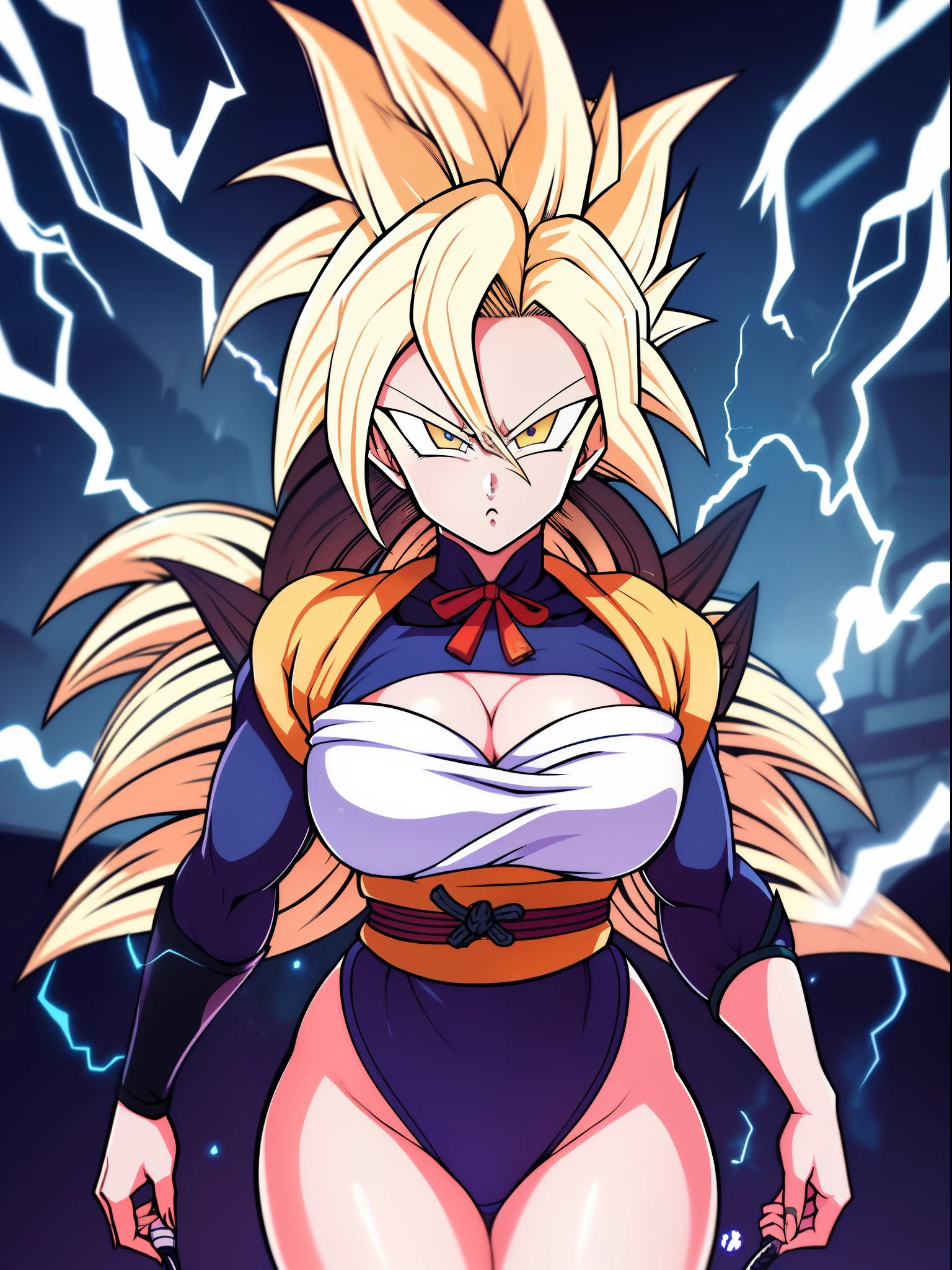 Highly detailed, High Quality, Masterpiece, beautiful, SuperSaiyan, 1girl, solo, cowboy shot, blonde hair, super saiyan, spiked hair, aura, electricity, Raiden_Shogun_\(genshin impact\),