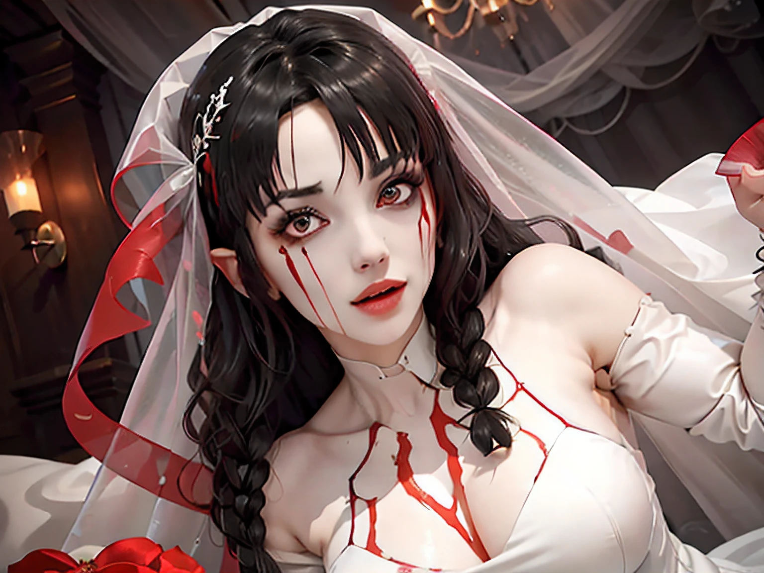 arafed, high details, best quality, 16k, [ultra detailed], masterpiece, best quality, (extremely detailed), dynamic angle, ultra wide shot, RAW, photorealistic, a wide angle picture of a vampire bride biting  her groom, a [female vampire] bride (best details, Masterpiece, best quality) vampire female in a white latex wedding gown with blood stains (best details, Masterpiece, best quality), ultra detailed face (best details, Masterpiece, best quality), ultra feminine, grey skin, red haired, long hair, wedding hair cut style, blue eyes, intense eyes, wearing white latex wedding dress bloody gown (best details, Masterpiece, best quality), wearing white high heels, in the honeymoon suite (best details, Masterpiece, best quality), biting the the groom, bloody face, BREAK a beautiful human man (best details, Masterpiece, best quality), ultra detailed face (best details, Masterpiece, best quality), wearing a wedding tuxedo (best details, Masterpiece, best quality), honeymoon suite background, Ultra-Wide Angle, high detail, award winning, best quality, HD, 16K, 3D rendering, high details, best quality, highres, ultra wide angle, 3D rendering, [[anatomically correct]]