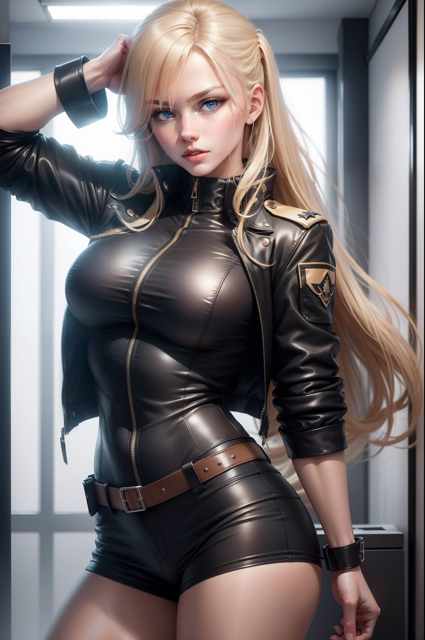 (8K,Photorealsitic Raw photography top-quality;1.4) 1girl in) Super beauty (Lifelike face) (Blonde curled hair) Black military uniform Entice your audience Beautiful expression Blue eyes (real looking skin) (Female thief) enticing 超A high resolution A hyper-realistic high detal slender musclemacho body muscleslenderlower body White clothes and shorts Brown leather jacket