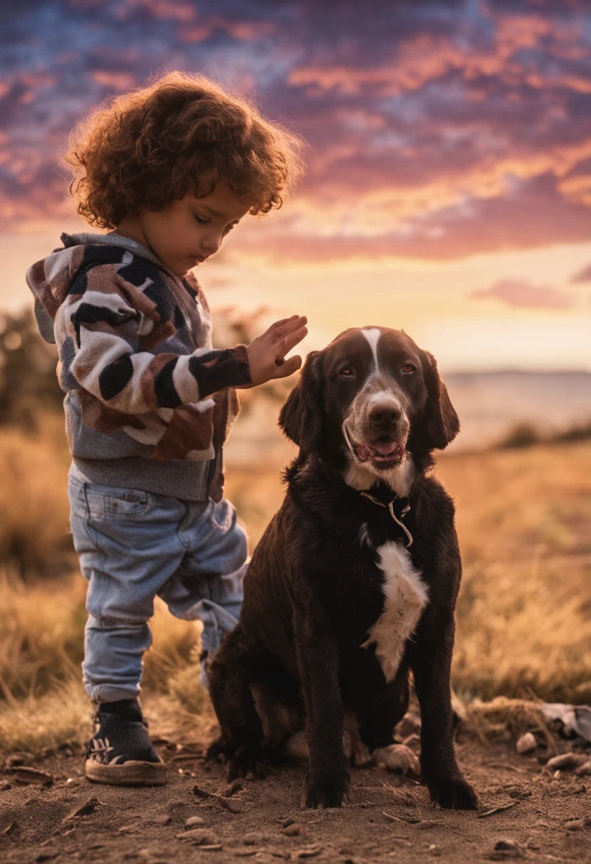 An 8-year-old holding a dog in his arms looking toward the image