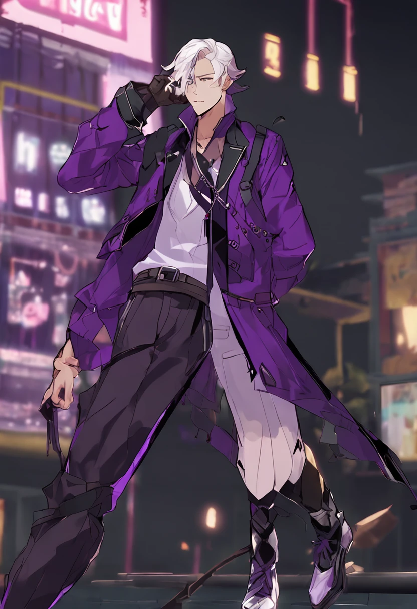 1boy, anime male with long black hair with purple highlights, purple eyes, wearing a short-sleeved violet shirt, black trousers, a short open purple jacket with black sleeves, brown sandal boots with white socks, a metal pendant around his neck, black fingerless gloves, red cloth tied around his waist,