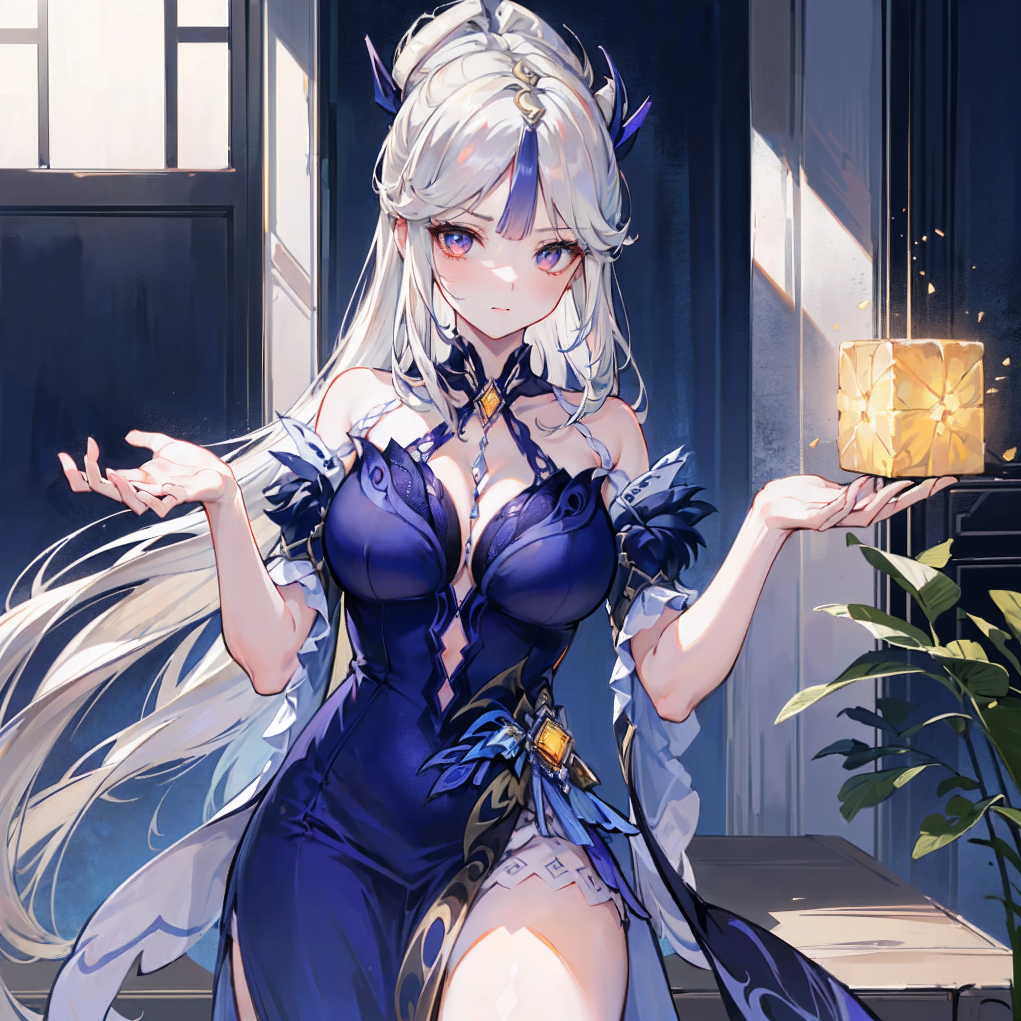 (8K, Best quality, tmasterpiece:1.2),\(eye detailed\),\(Facial features\),(\(Clothes detail details\)\),closeup cleavage,full bodyesbian,(Facial focus) ,Very detailed CG unity 8K wallpaper,hugefilesize,ultra - detailed,A high resolution,absurderes,beautidful eyes,Ray traching,dramatic shadow,finely detailled,Dramatic angles,Hyper-detailing,(1 girl:1.3),(ningguangdef ningguangorc ningguangrnd/(genshin impact/)),(Solo),Mature female,(long breasts),(Super big breasts), a matural female, thick thight, busty figure,(Immerse yourself in a virtual square room:1.3)+(Fluorescent blue notch:1.3)