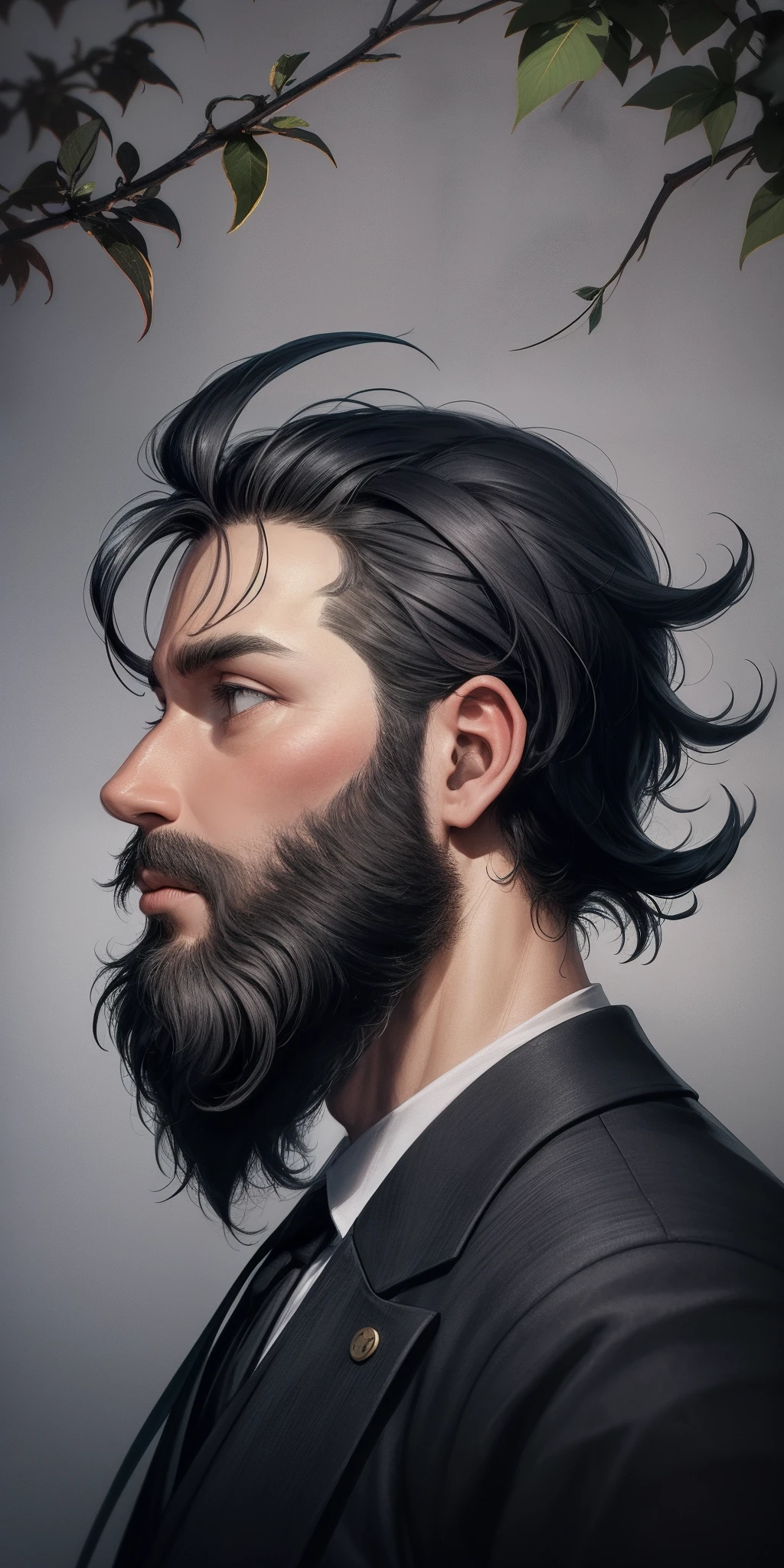 A side view silhouette of a man. The man has hair and a beard made out of leaves. Logo line art black and white.