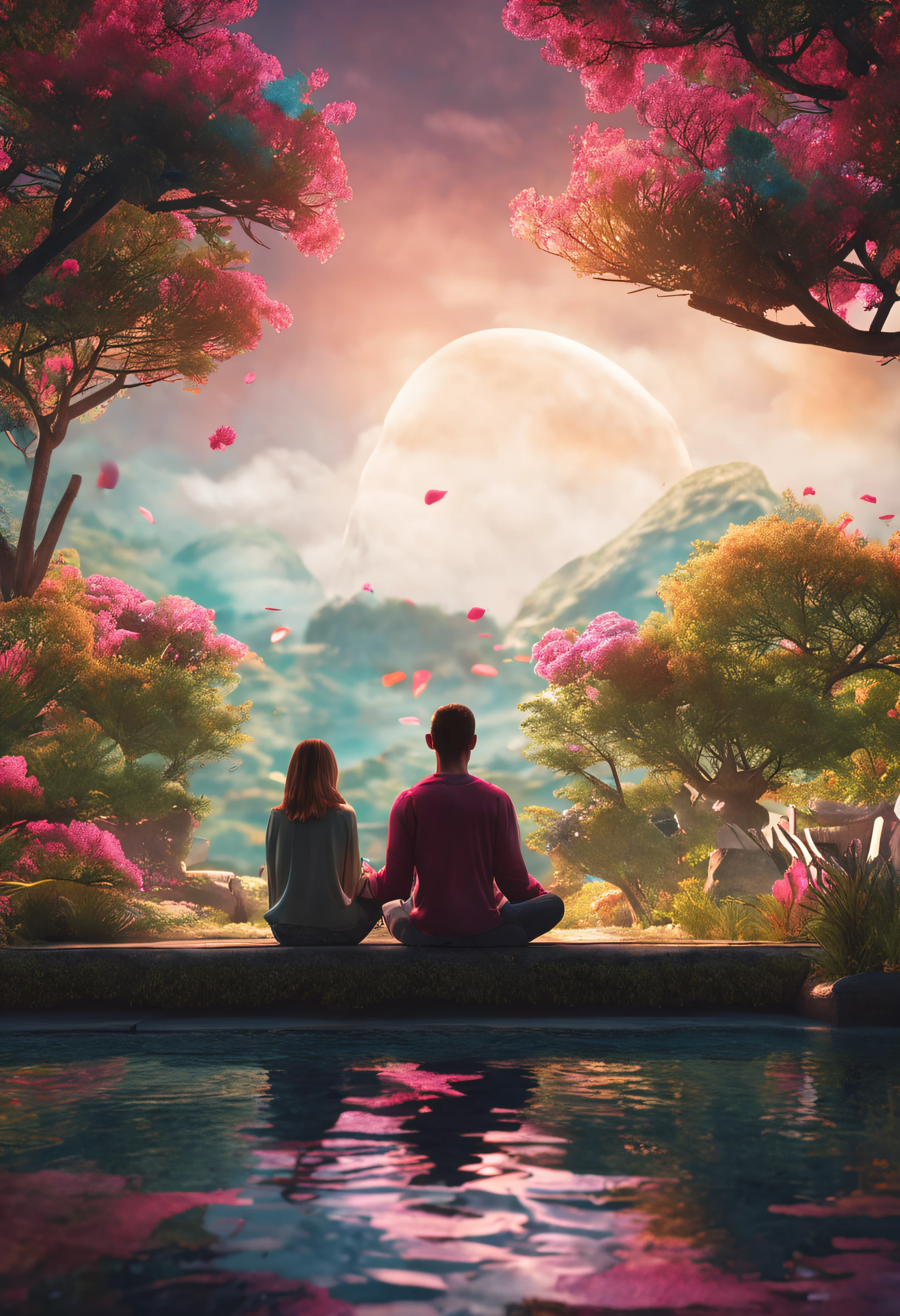 cover of book, a quiet sky and clouds, a man and a girl in meditation in a garden