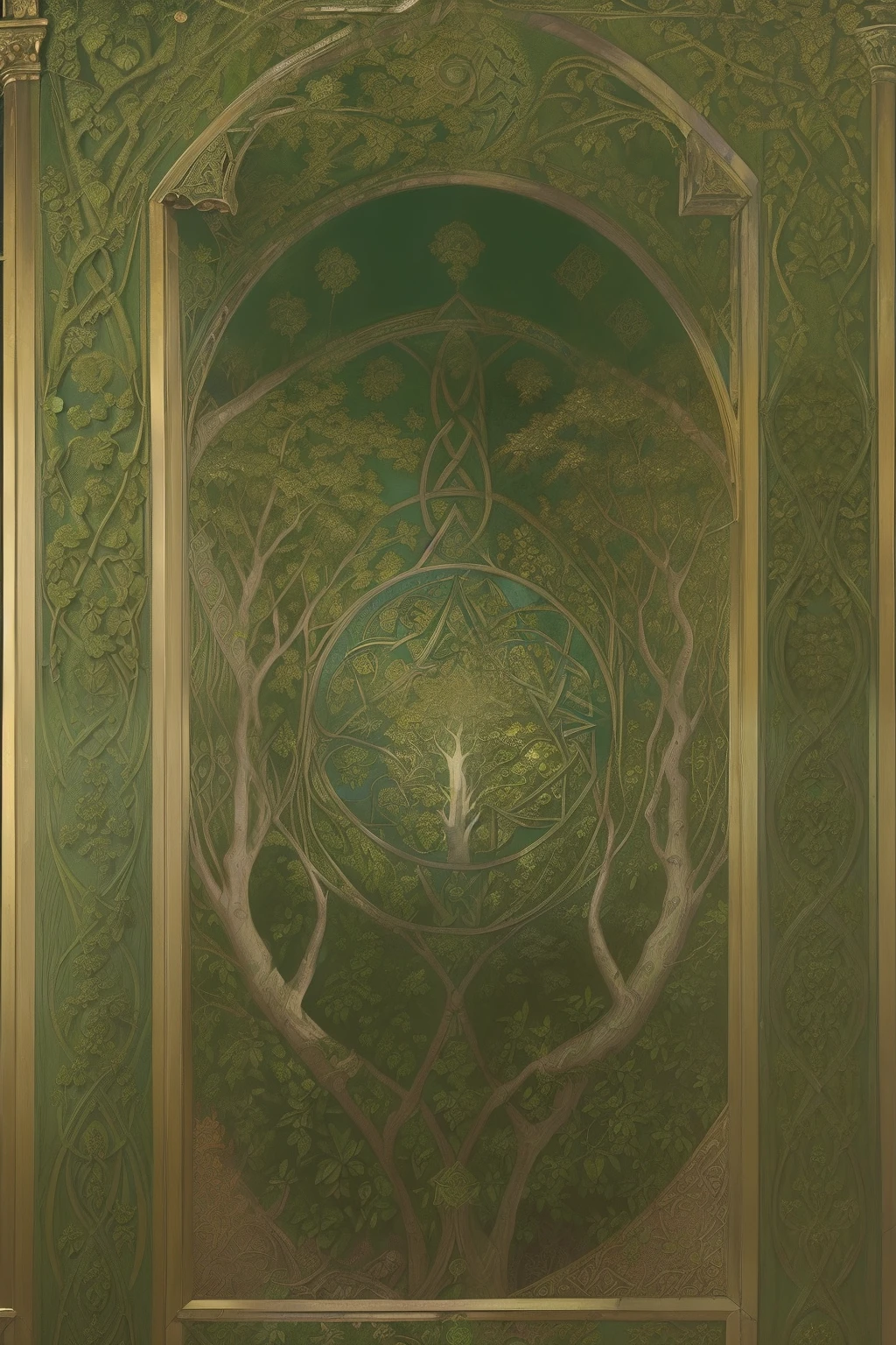 (((Pre-Raphaelite painting, Gustave Doré style, Celtic pattern, trees and leaves, outono, dourado, tons outonais e dourados, symmetric, Celta, damask pattern, ouro, geometric, verde e ouro, outono)))