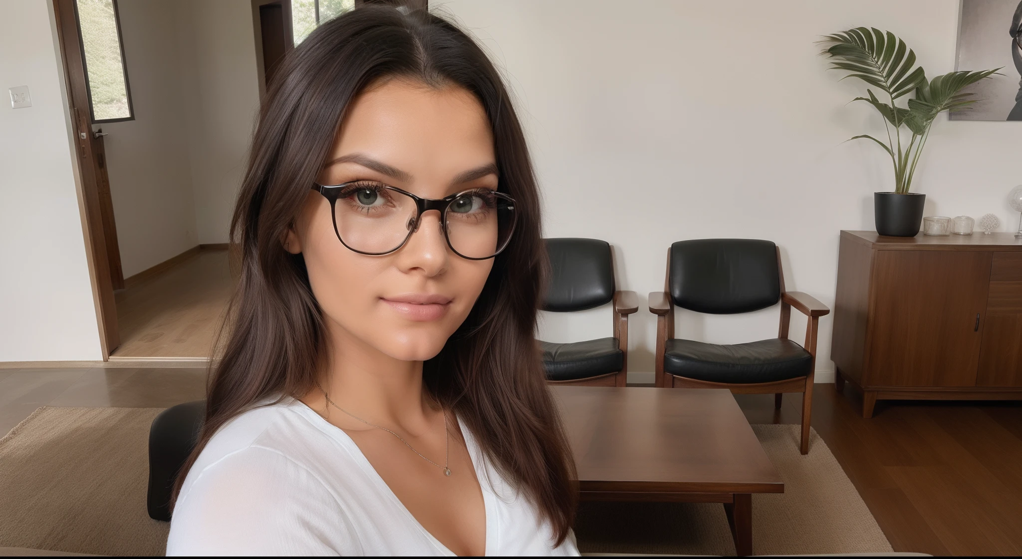 Fotografia altamente profissional, Foto ampla mostrando os arredores, Beautiful woman standing with perfect face, delicado e feliz, cabelos castanhos claros longos, lisos e iluminados, 36 anos, wearing beautiful glasses with ultra modern thick acetate frame and modern design, healthy body, but not athletic, roupas casuais leves e sofisticadas, Hands in pockets, rosto perfeito e altamente detalhado sem defeitos com maquiagem elegante, olhos verdes brilhantes, grande sorriso, texturas e detalhes extremos e sem defeitos, Background with huge living room of the mansion with furniture and decoration with ultra-modern magazine design, concrete floors and furniture in wood and upholstery of straight lines and pair of armchairs Charles Eames in black leather, ambiente com muita luz natural e plantas decorativas, extremamente deslumbrante, mais alta qualidade, foco nítido, extremamente detalhado, UHD 64k