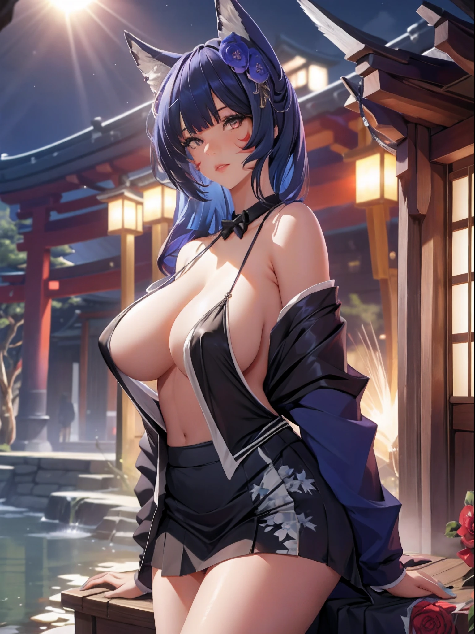 realisticlying,1girl,Blue hair,Red eyes,glowing light eyes,Cut the top,a skirt,parted lip,Be red in the face,the night,fresh flowers,suns,rays of sunshine,H-CUP large, Japan goddess, huge tit,