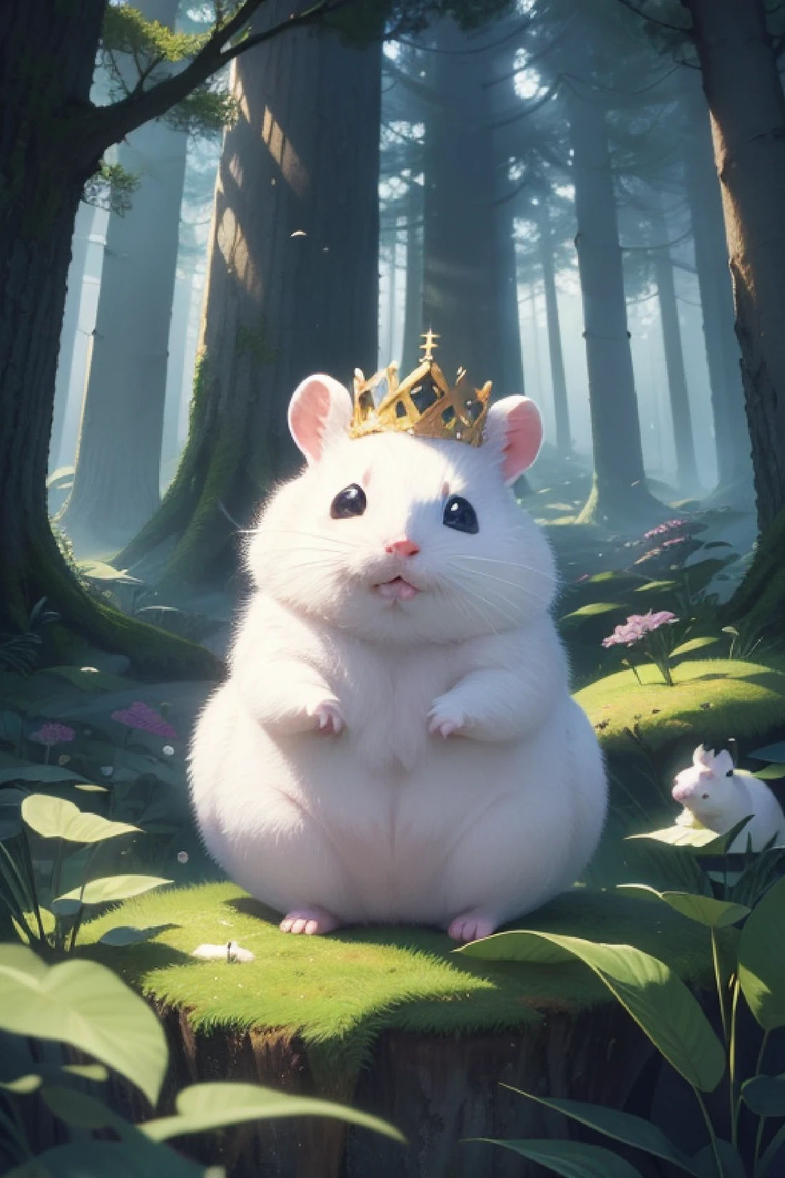 capa de livro sem texto, with only A white hamster with brown spots in the center waving one of the little hands to the viewer, with a mystical forest in the background , fantasia. capa de livro