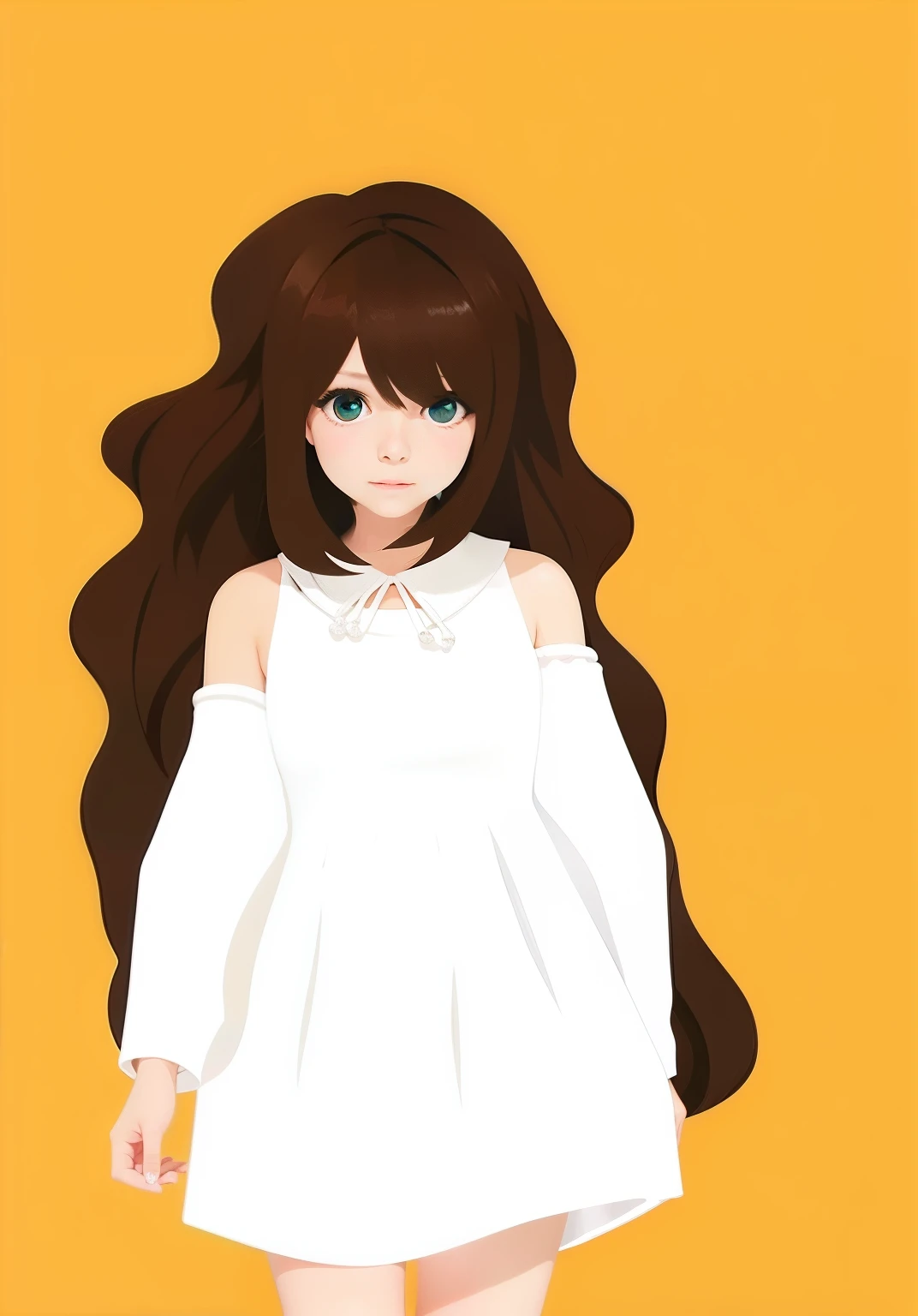 white dresses,Girl with long dark brown hair,quadratic element,style of anime