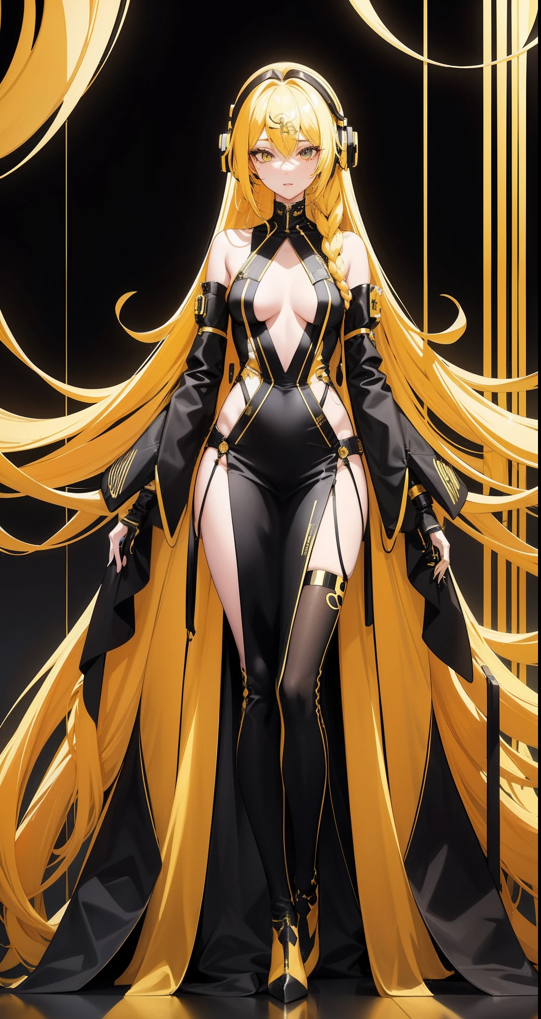 "Long, vibrant yellow hair styled with elegant braids, adorned with a sleek black headphone on her head. A unique blend of robotic and refined aesthetics, with a touch of sophistication. Dressed in colorful attire. Captured in stunning 8k resolution, delivering unparalleled visual detail."