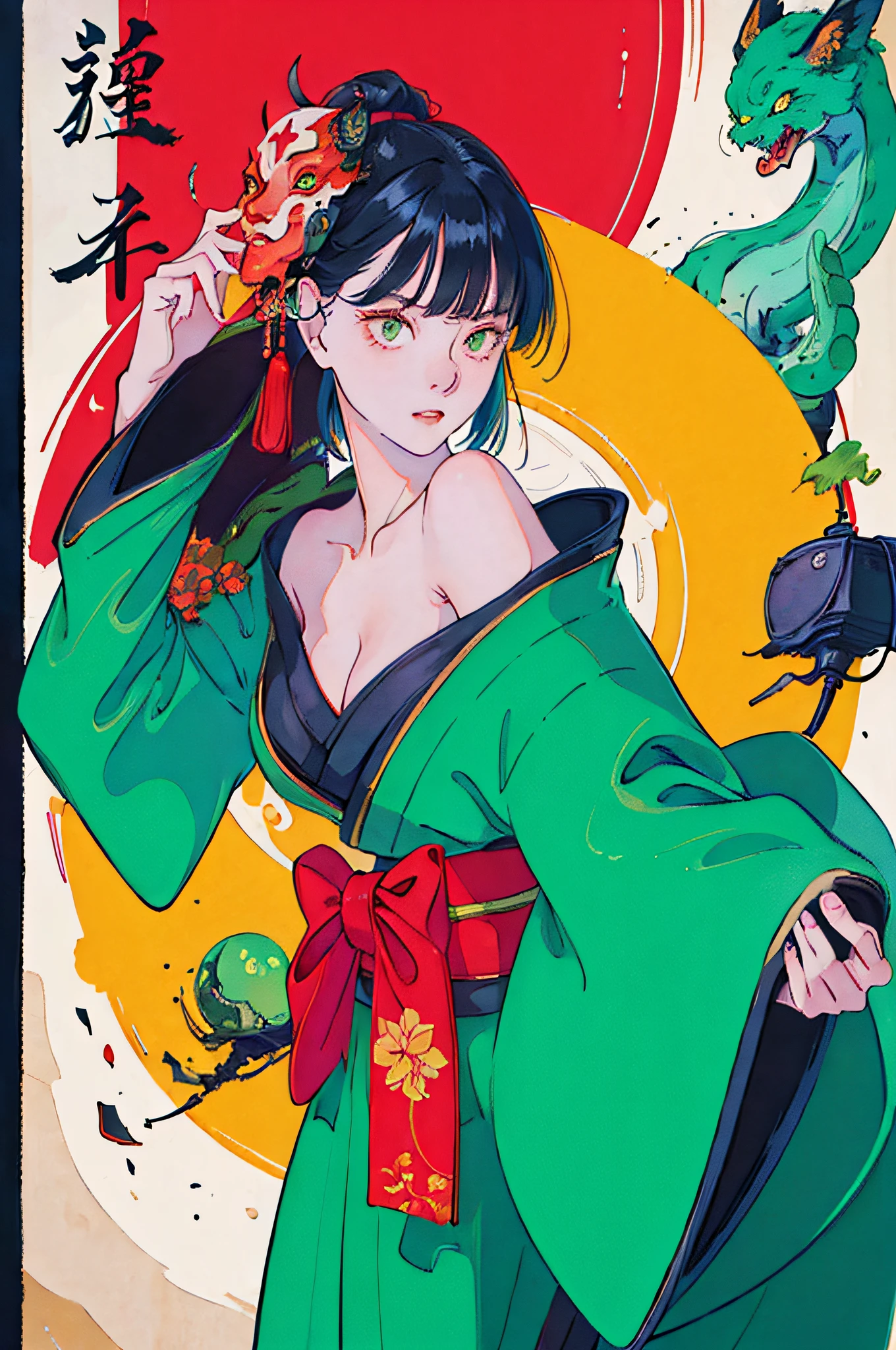 (masterpiece, best quality:1.4), (film poster, cover-style), young woman as the central character, sense of danger and intensity, dark and gritty background, she is holding a japanese oni mask, dynamic,red kimono, piercing green eyes, straight black hair, 4k, best quality, beautiful, fantasy